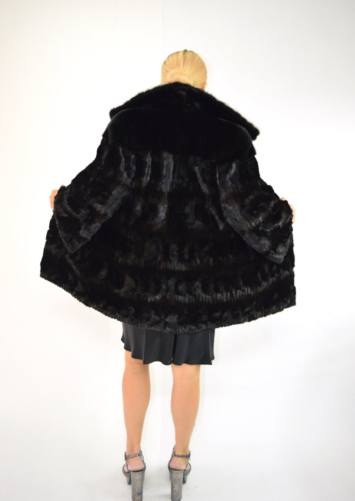 Black Mink Fur Jacket, Genuine Fur Pelt,with Collar