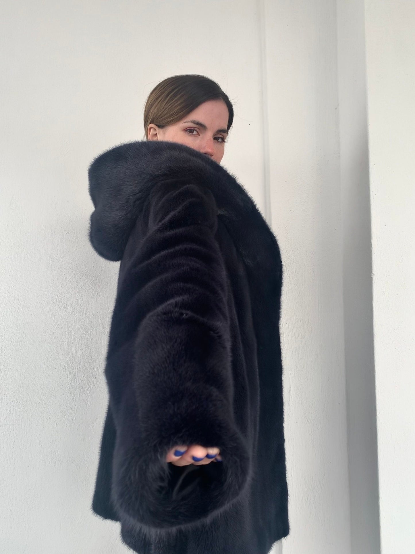 Denim Blue Mink Fur Stroller Coat: Hooded Belted Luxury
