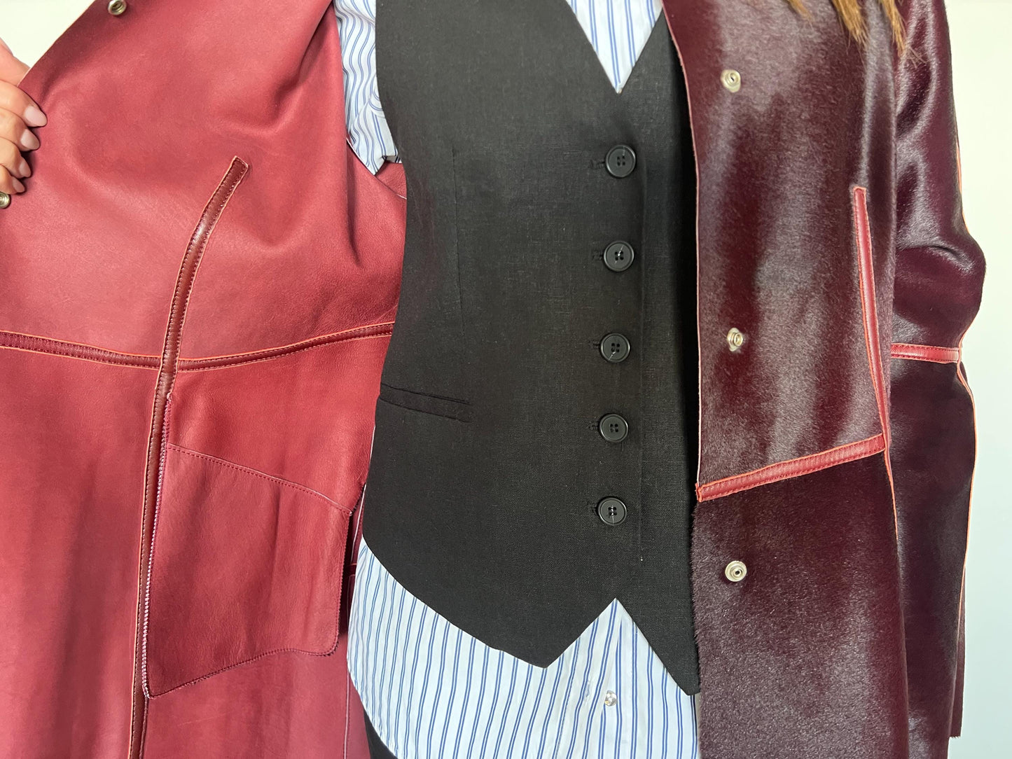 Burgundy Pony Hair Leather Coat - Handmade Calf Hide