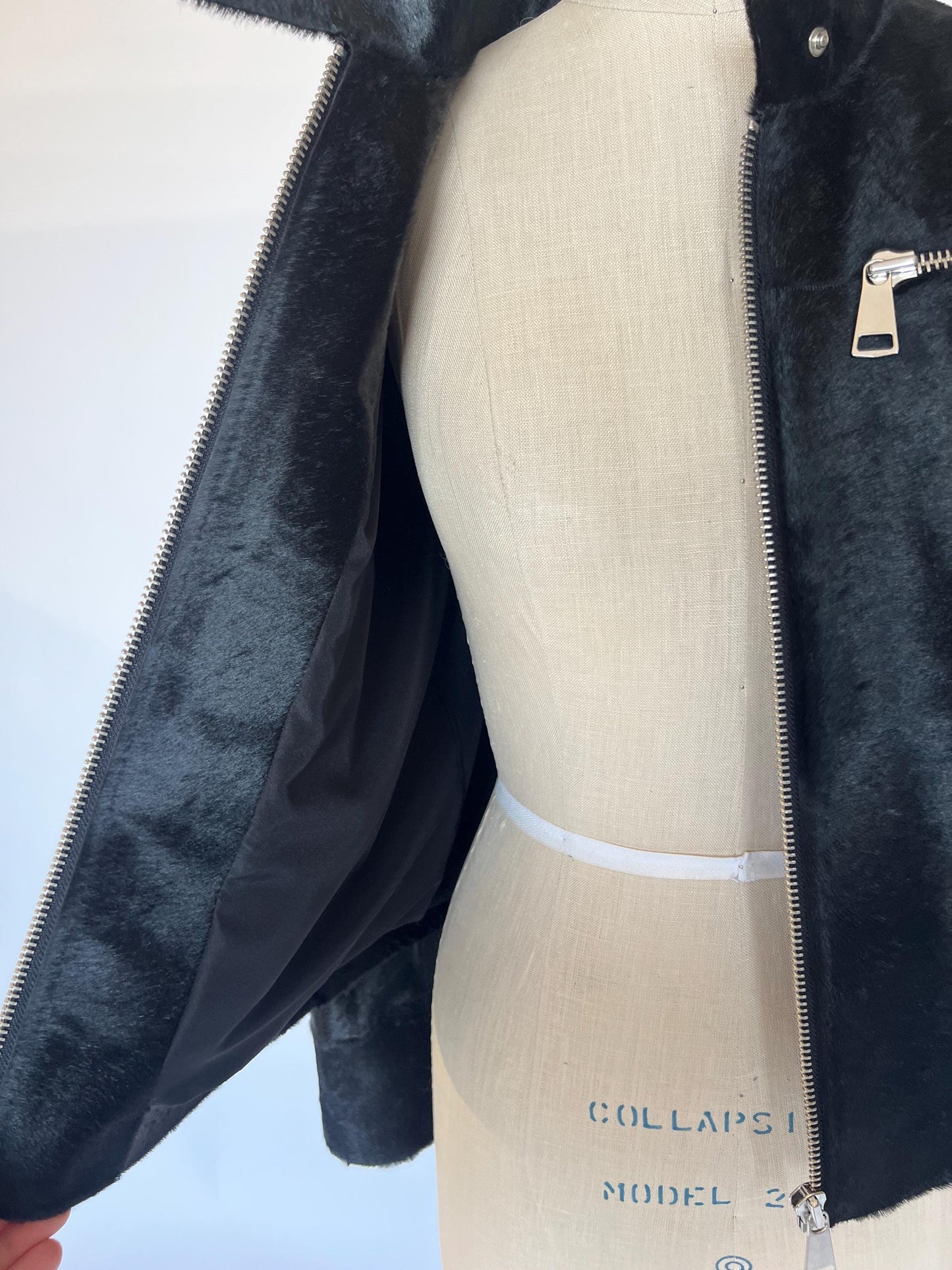 Genuine Hair-On Leather collarless Jacket: Black Calf Fur Coat, Handmade in Greece