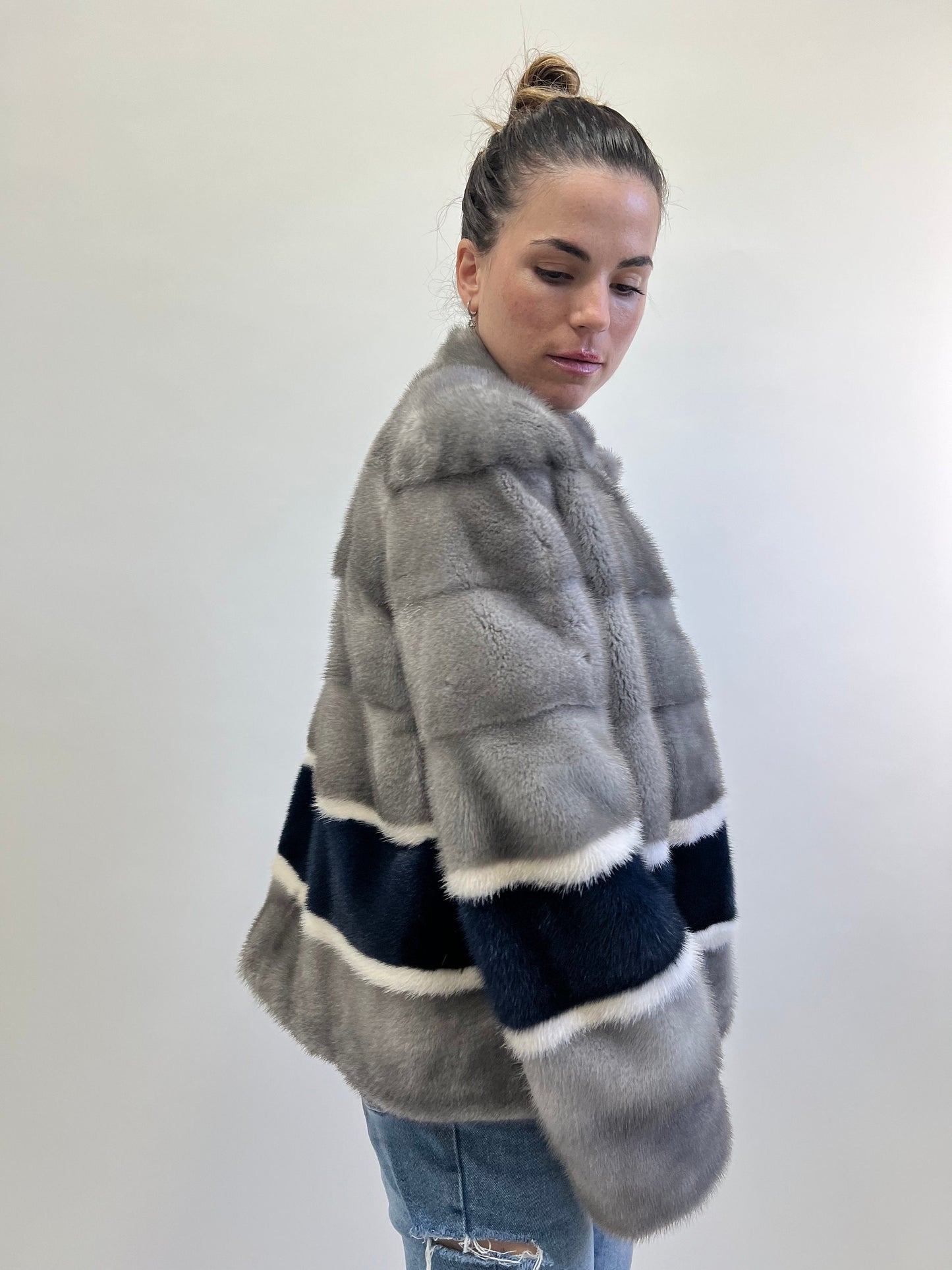 Sapphire Mink Fur Jacket: Navy, White & Grey Modern Coat