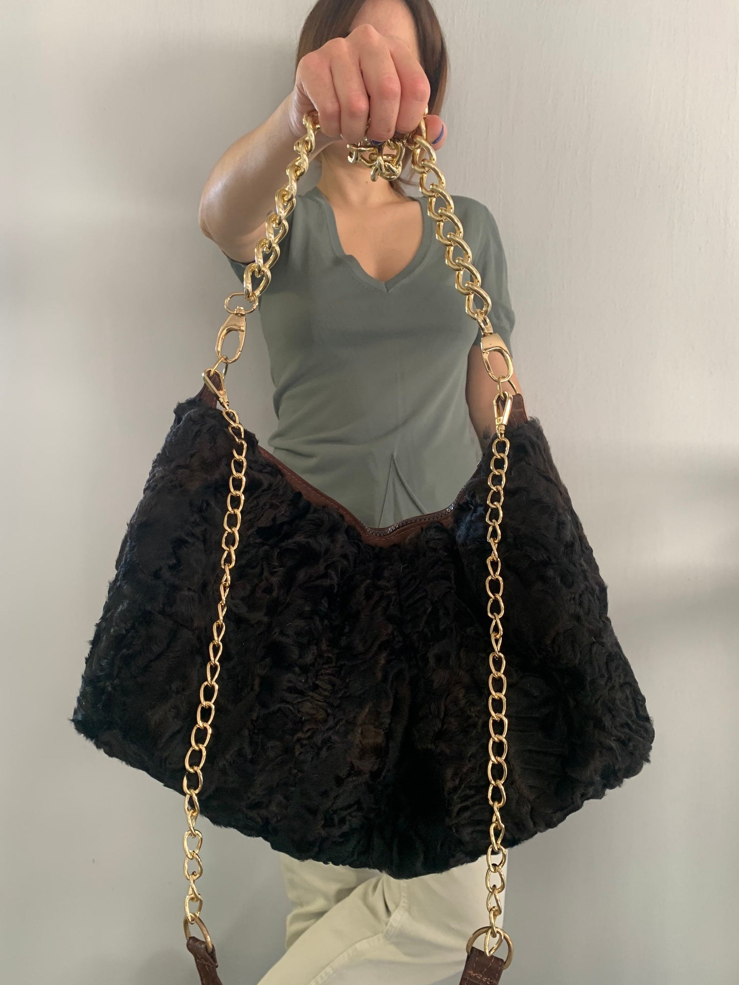 Lamb Fur Slouchy Shoulder Bag: Brown Cloud Pouch with Bronze Straps