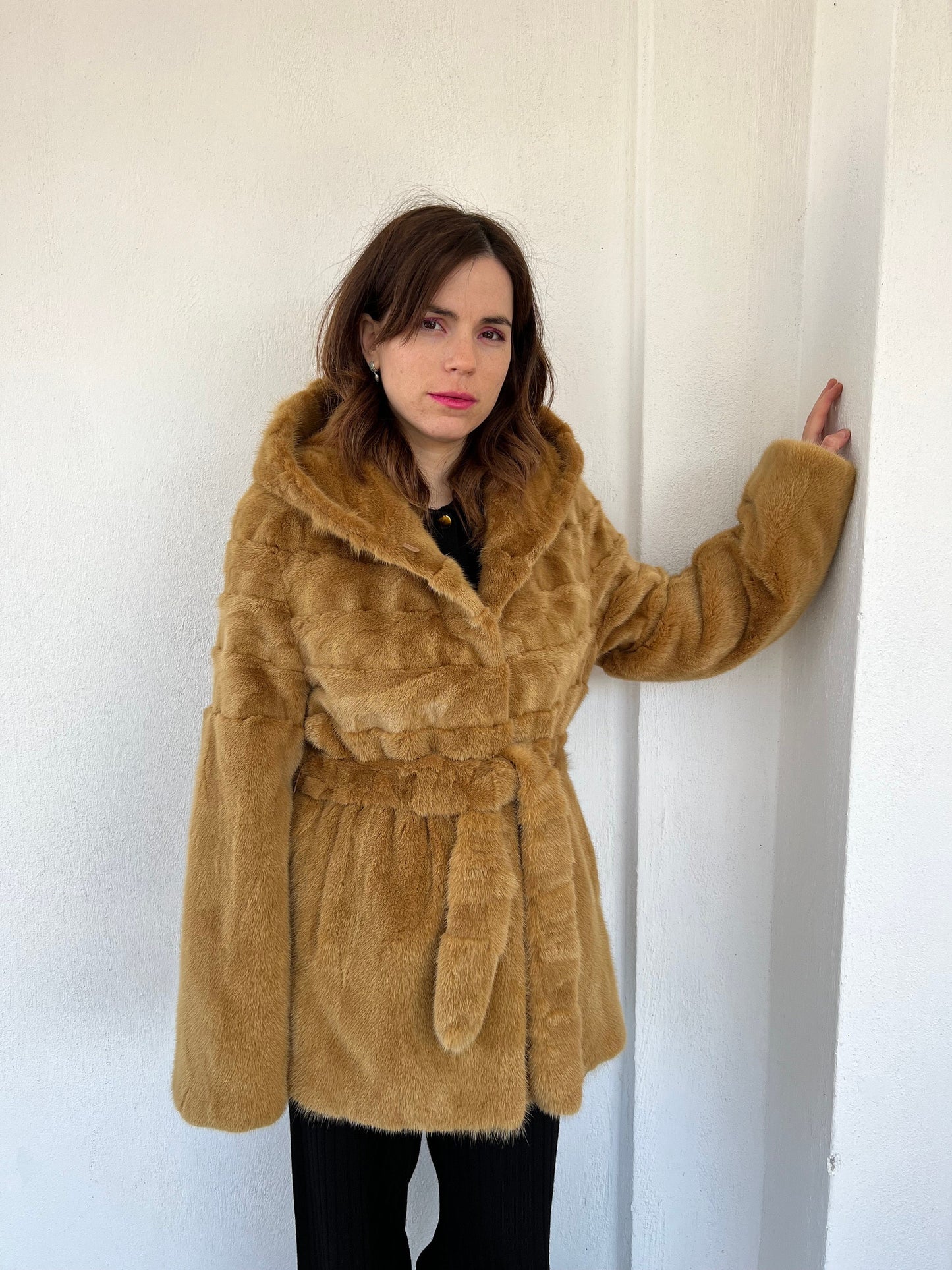 Camel Mink Fur Hooded Jacket with Belt - Luxury Gift