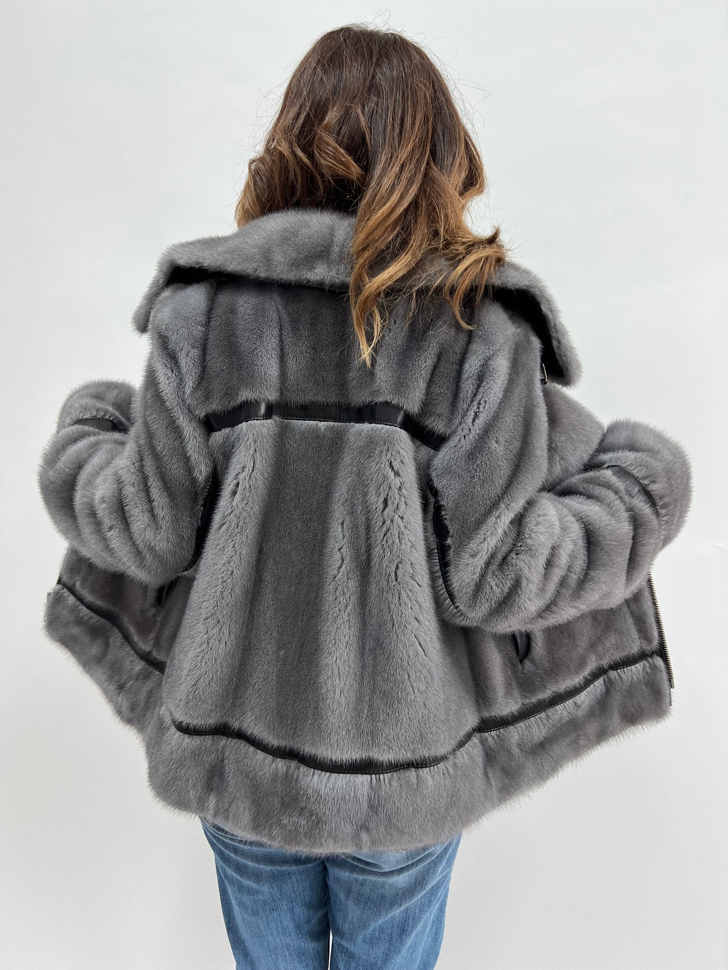 Silver Blue Mink Fur Biker Jacket with Leather Details