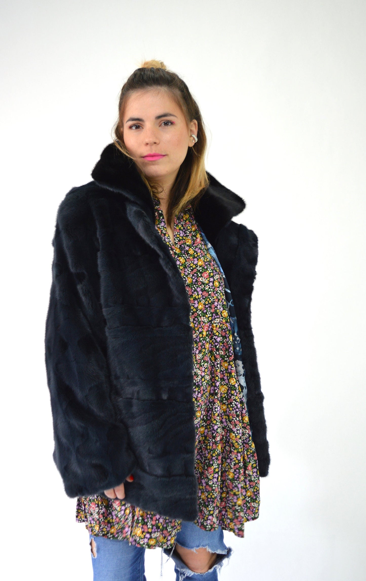Navy Blue Mink Fur Stroller Coat: Black Collar, Luxury Gift