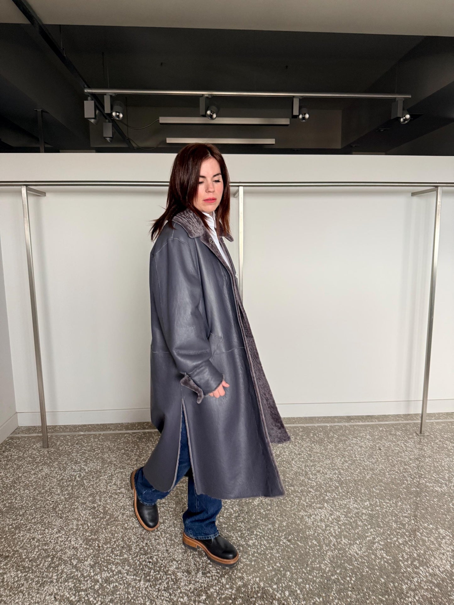 Reversible grayish merino shearling and leather coat: Super warm and silky soft Argento Sheepskin stroller.