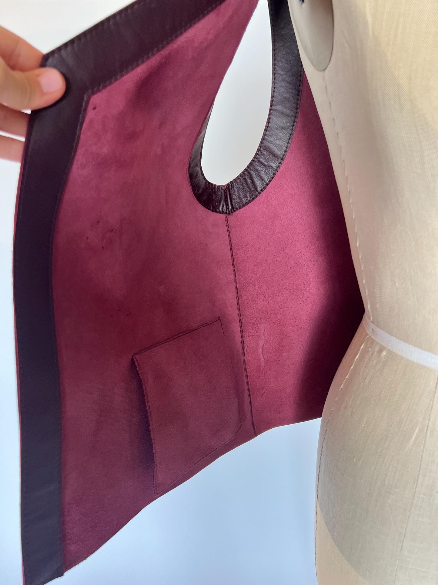 Burgundy thick Leather Vest unlined. Diagonal premium hide vest.