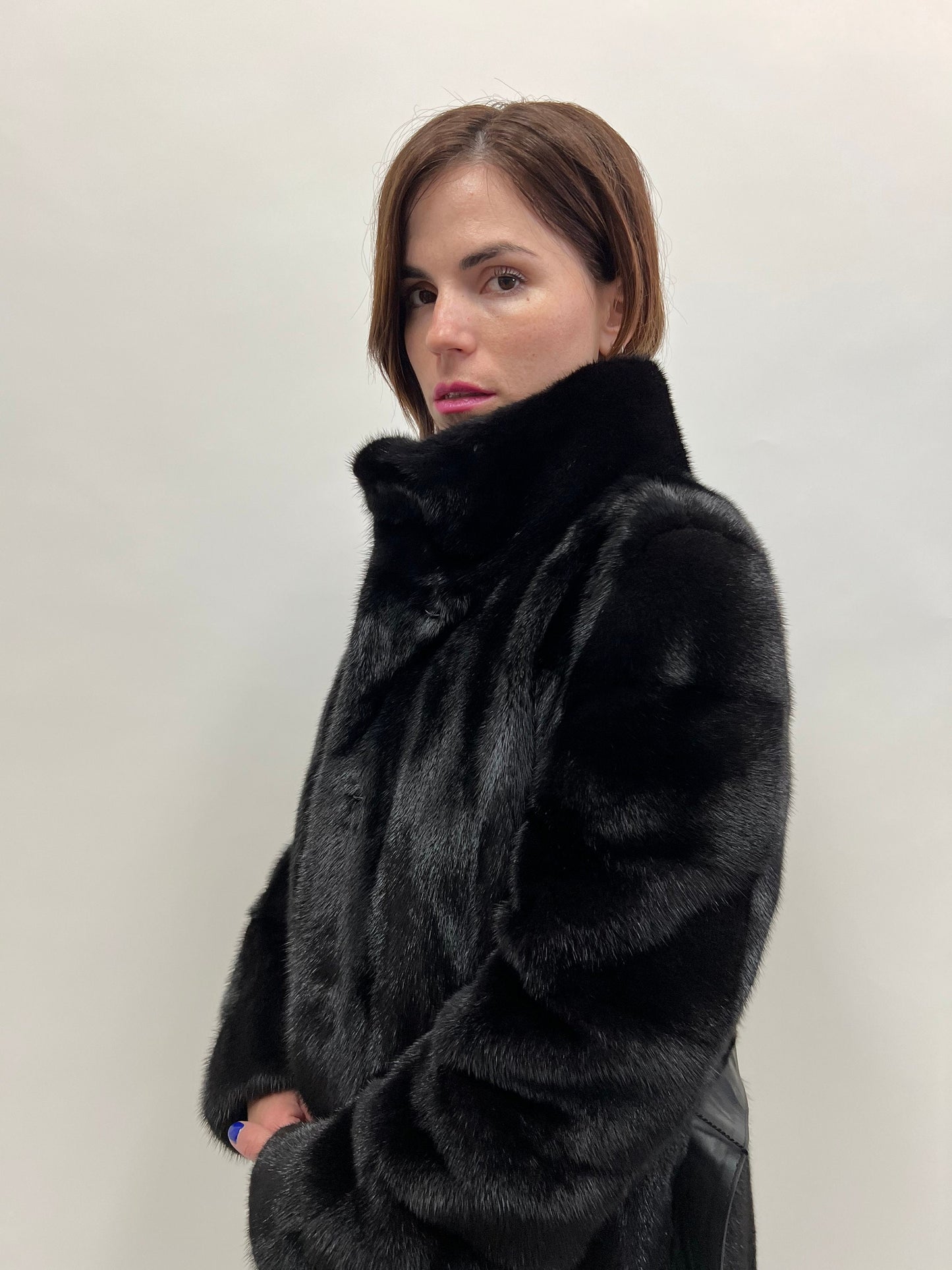 Black Velvet Mink Fur Coat: Nafa Leather Belt, Handmade in Greece