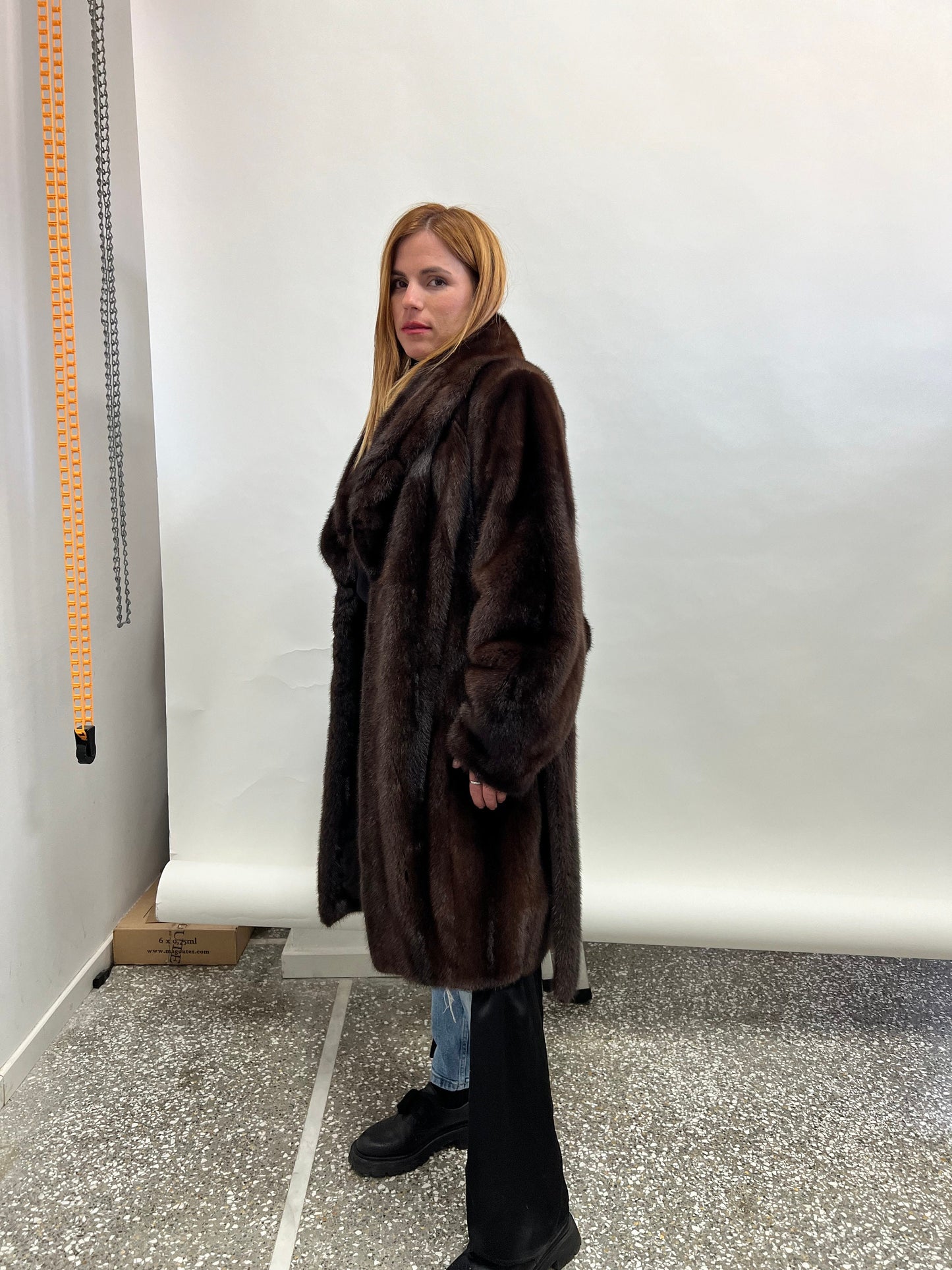 Choco Brown Mink Fur Coat: Big Collar Belted Stroller, Size Medium