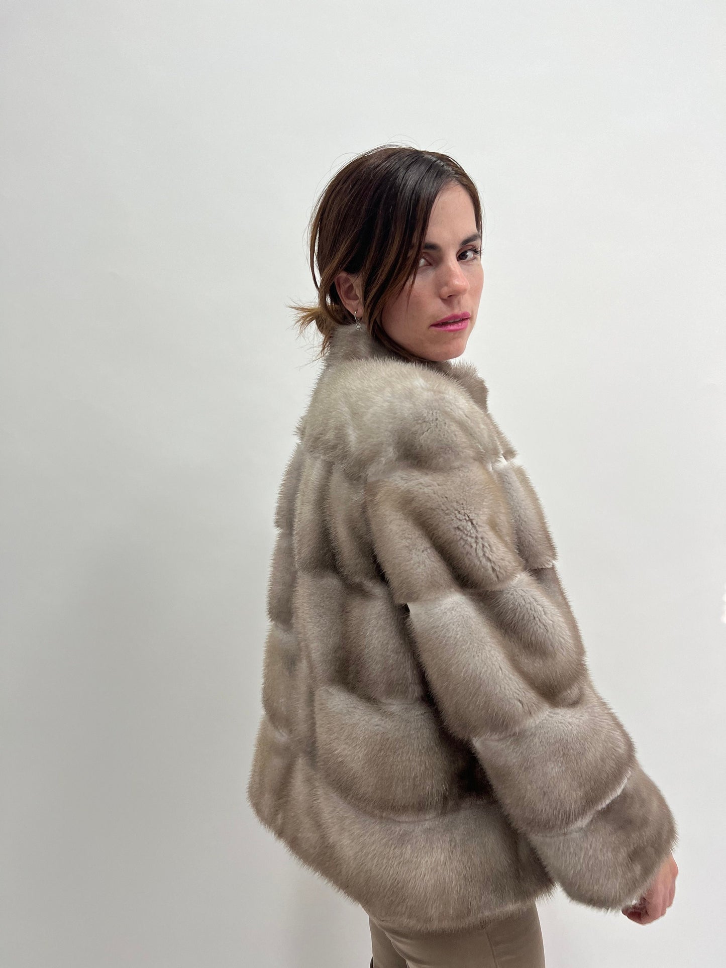 Silver Mink Fur Stroller Jacket with Sheared Mink Trim