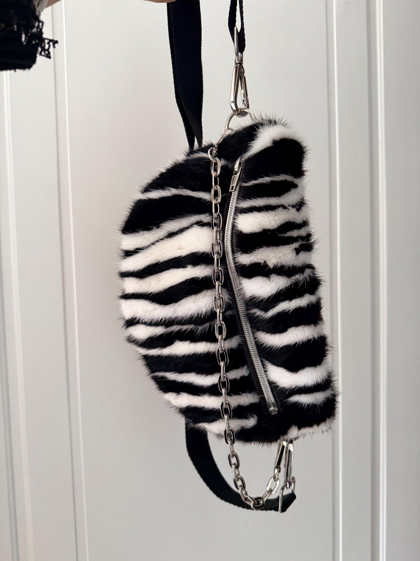 Black and white Mink Fur Bumbag with Chain: Luxury Fanny Pack
