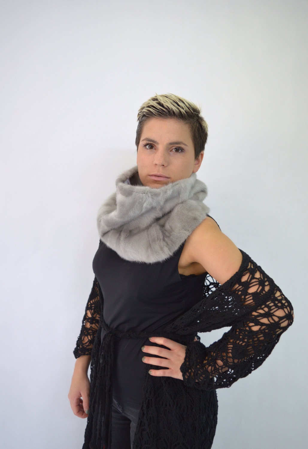 Sapphire Mink Fur Cowl: Handmade Loop Scarf