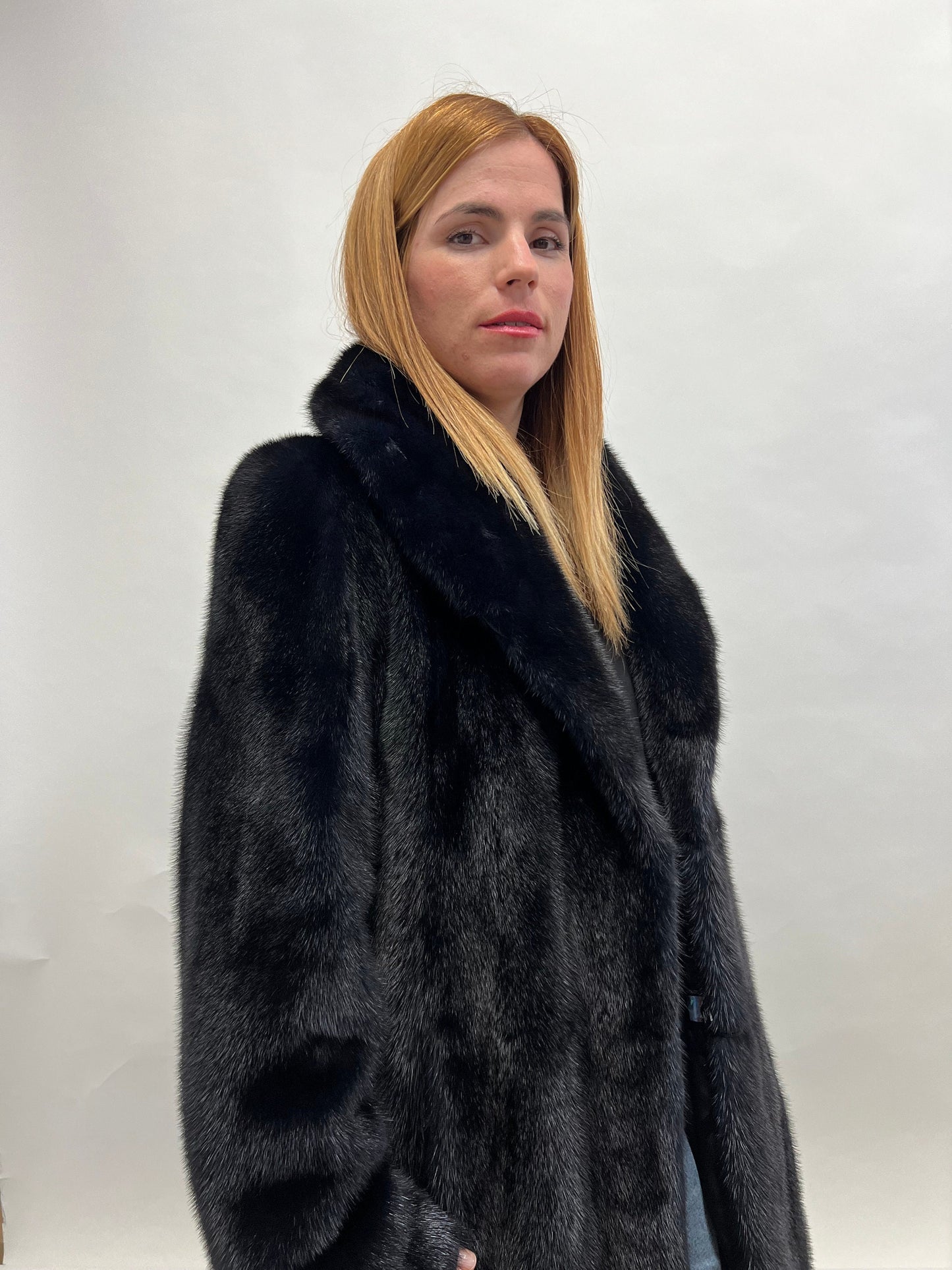 Midnight Blue Saga Mink Fur Coat, Robe Style, Size Medium