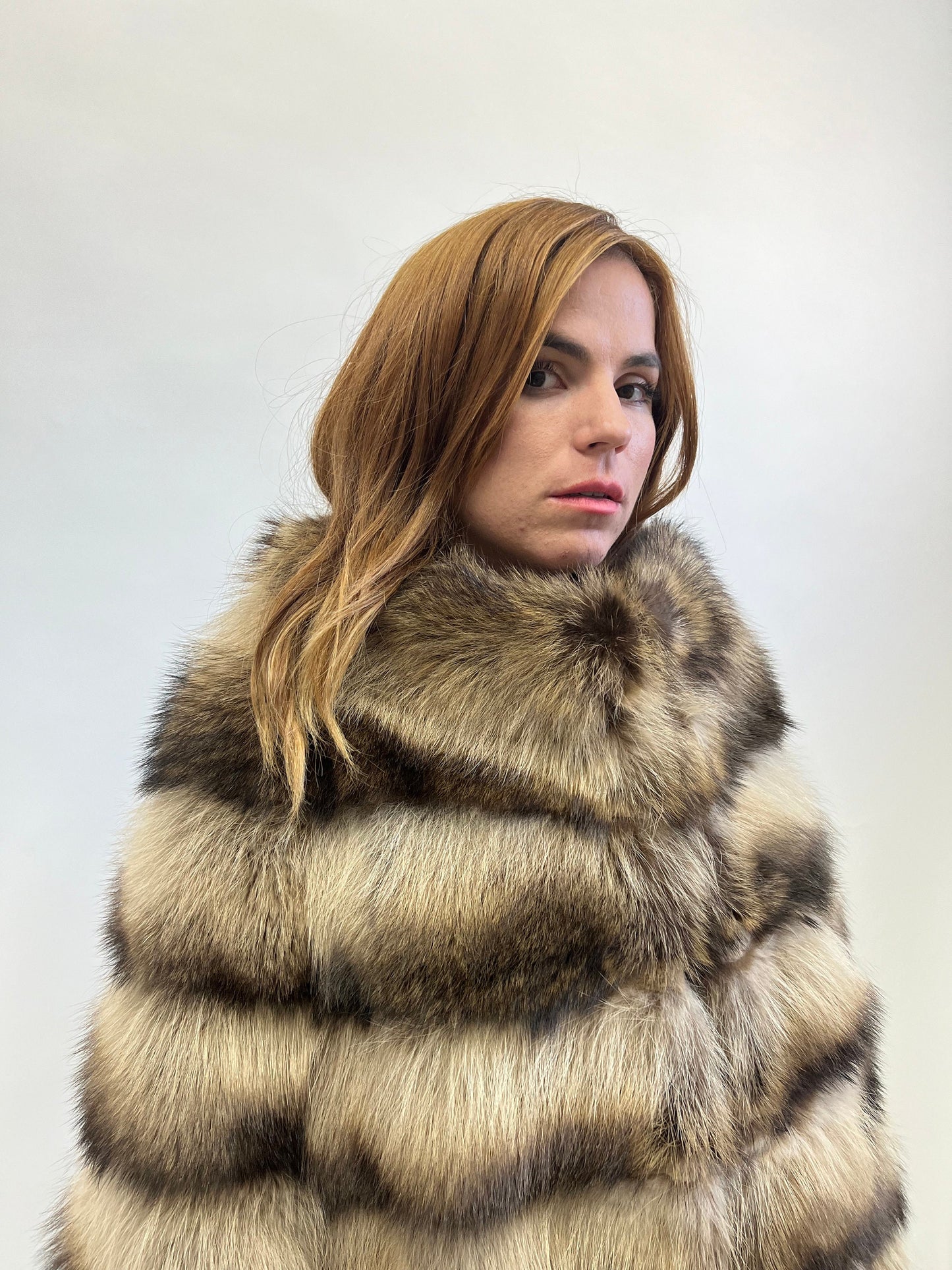 Real Raccoon Fur Coat: Beige Brown Horizontal Sheared Trim size Small.