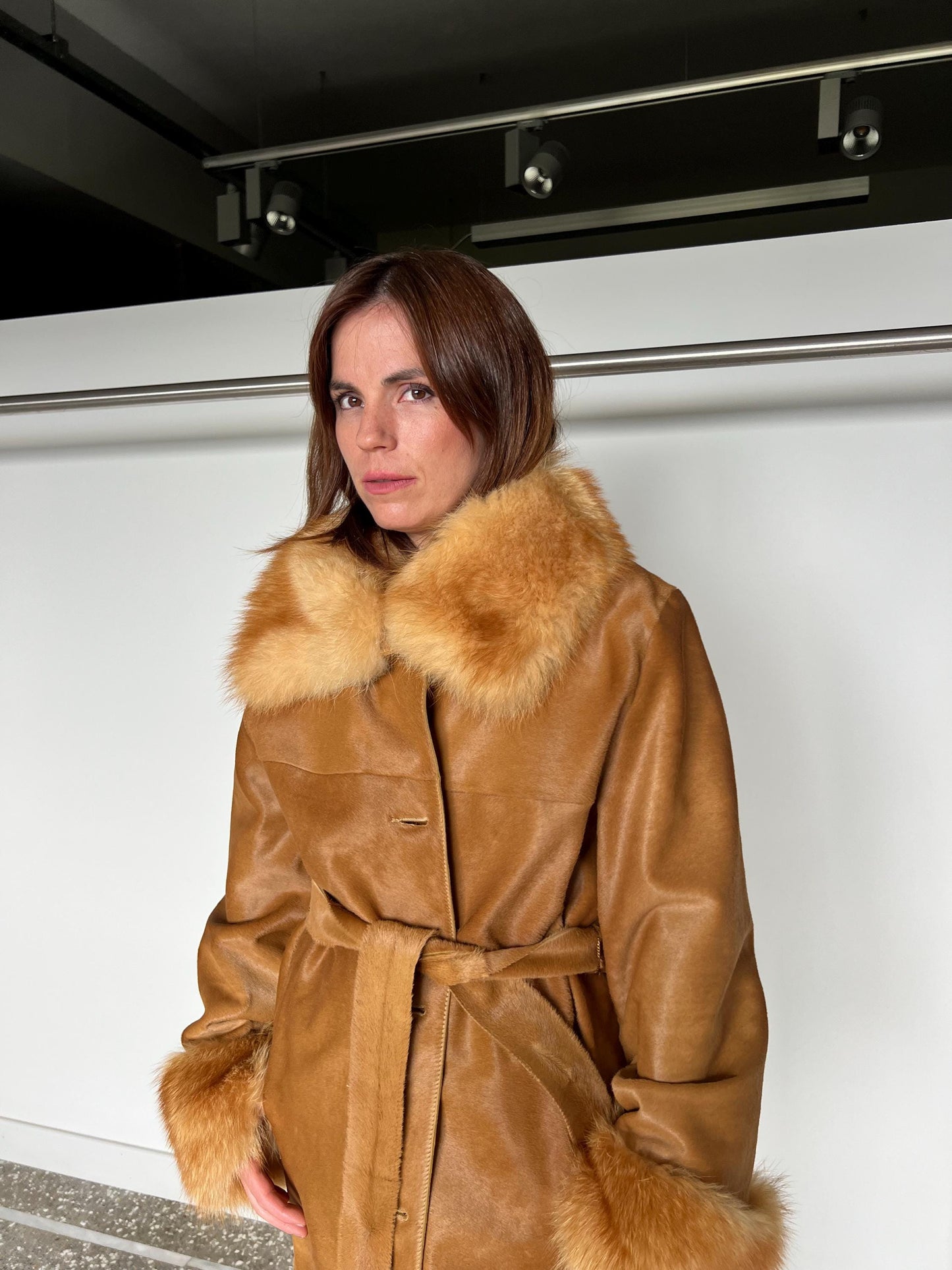 Handmade Gold Cavallino Leather Coat with Fox Fur Collar and Cuffs