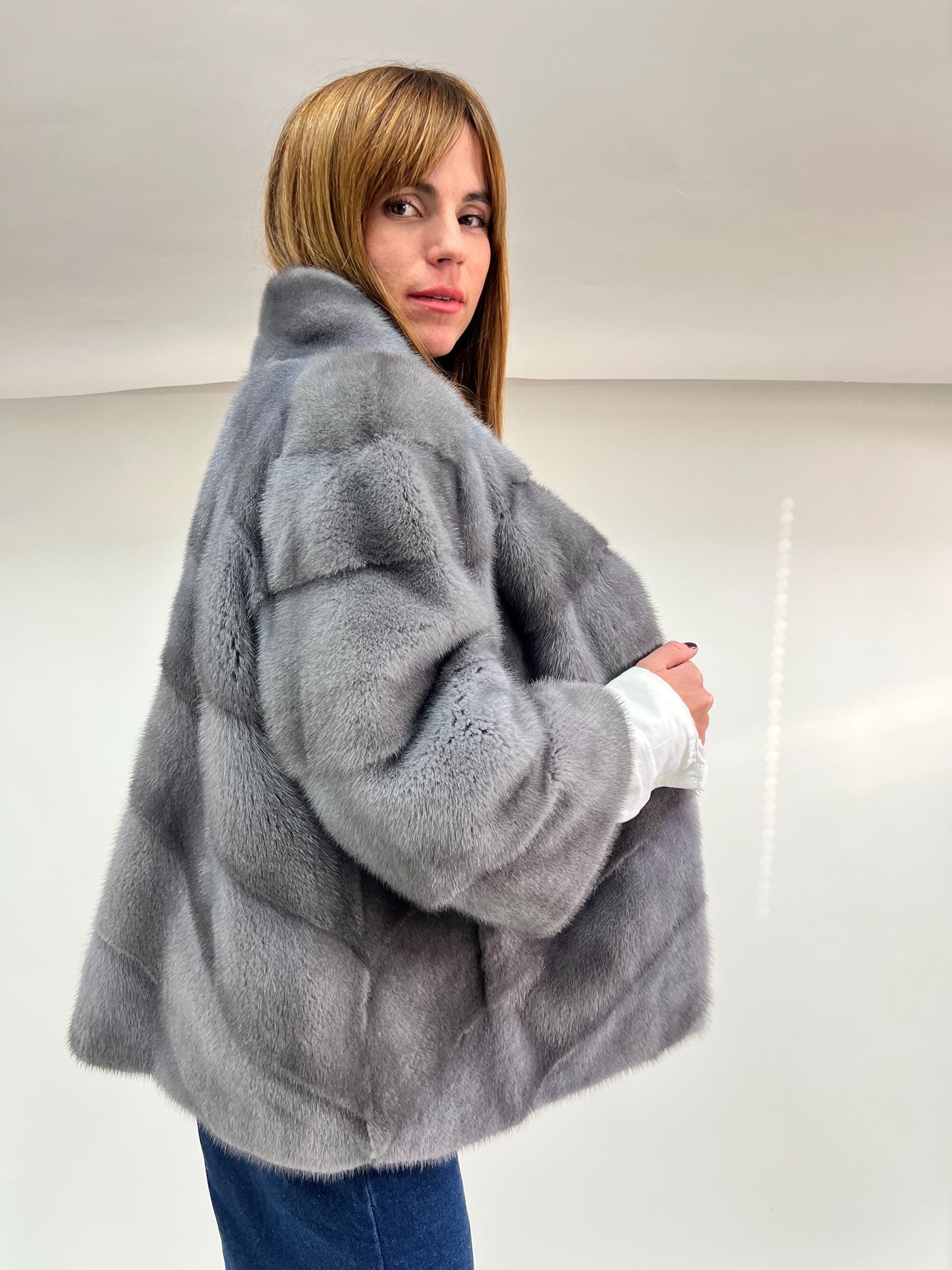 Real Silver Grey Mink Fur Coat - Saga Pelt, High Collar