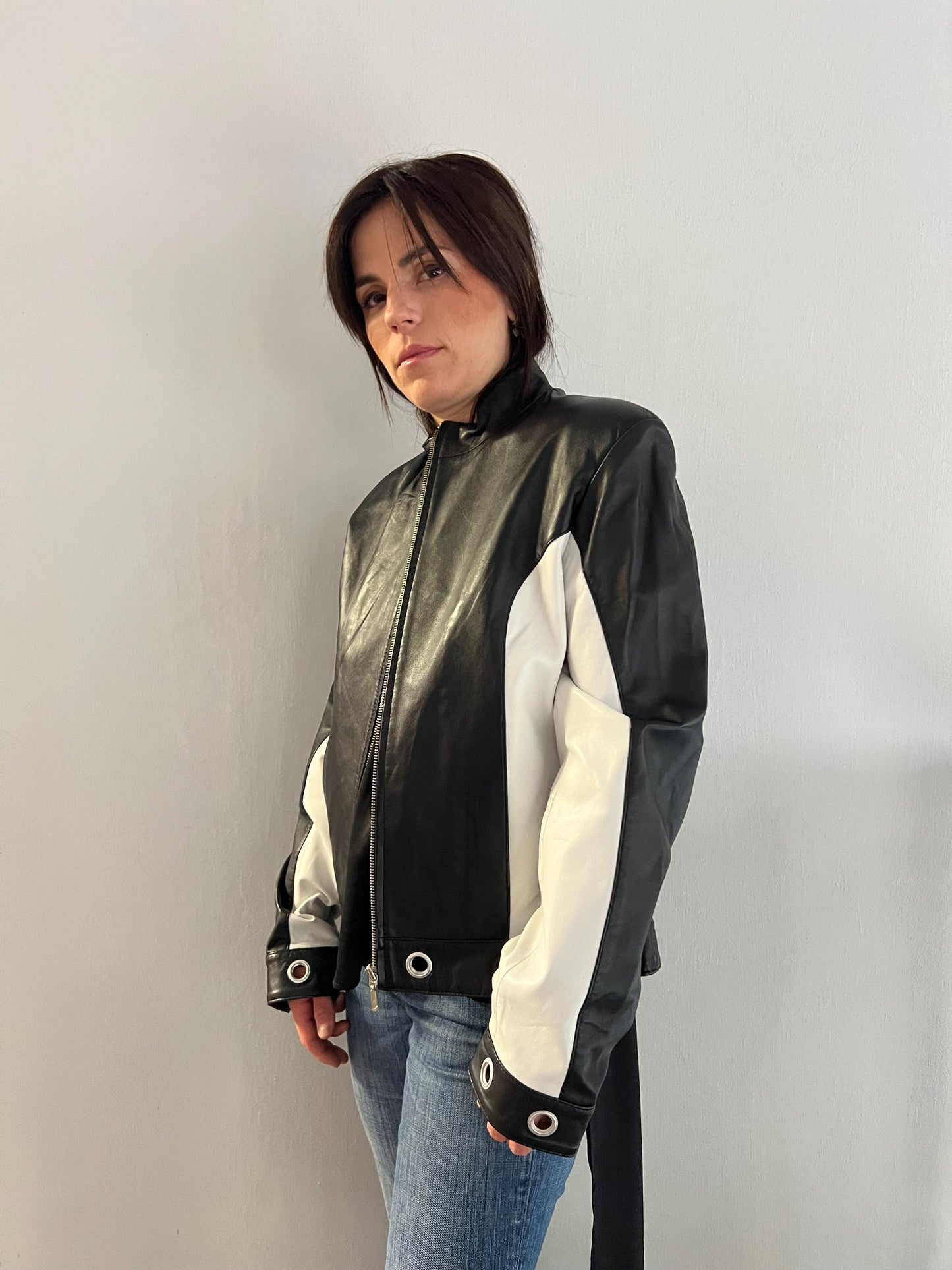 Handmade Black and White Lambskin Leather Jacket - Medium