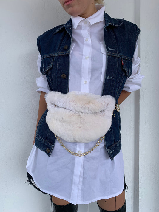 White Rabbit Fur Bumbag with Chain: Luxury Fanny Bag