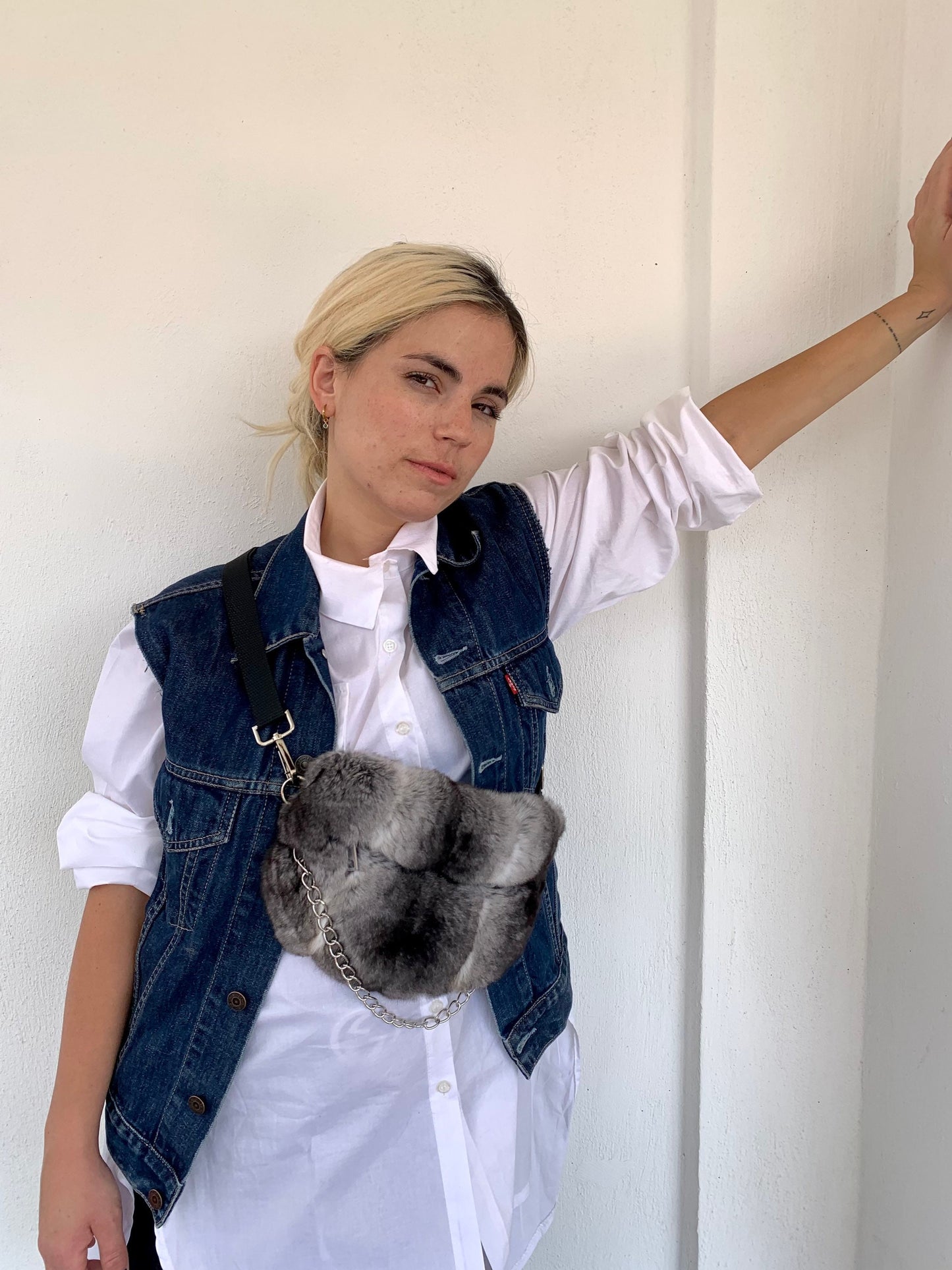 Real Rabbit Fur Bumbag: White Fanny Pack with Chain
