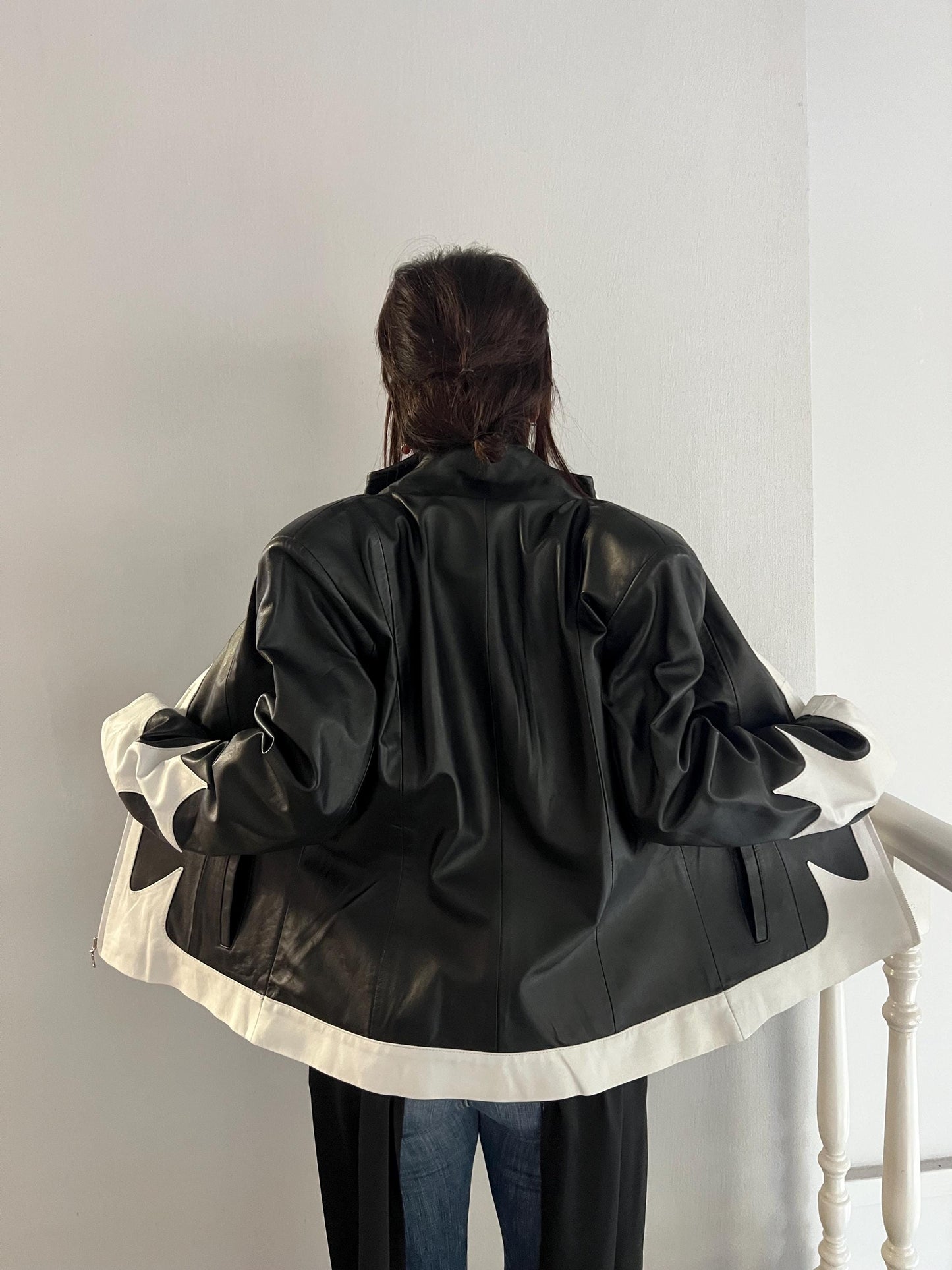Handmade Black and White Lambskin buttery zipped up Leather Jacket - Medium