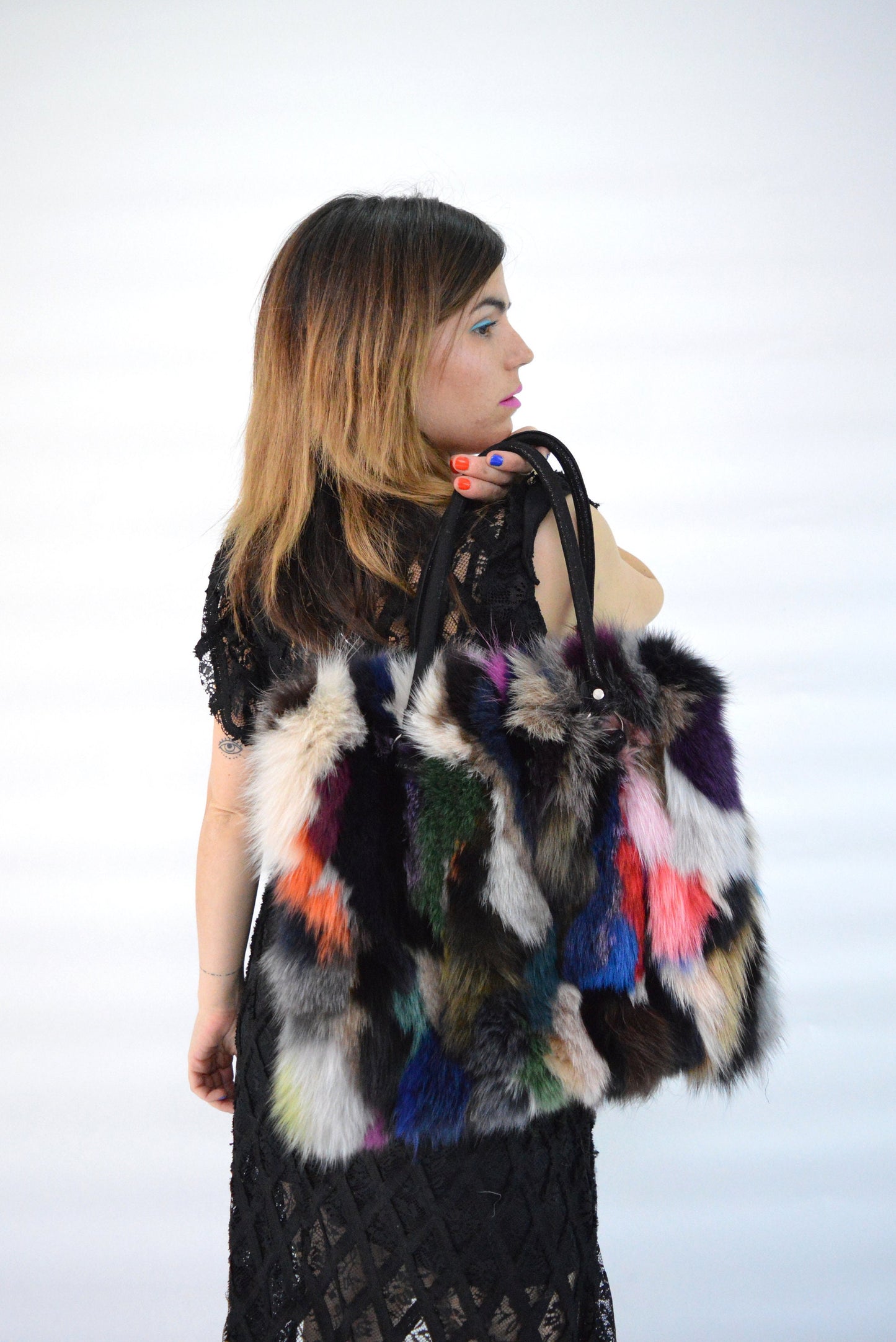 Multicoloured Fox Fur Tote Bag: Leather Details, Rabbit Fur Trim