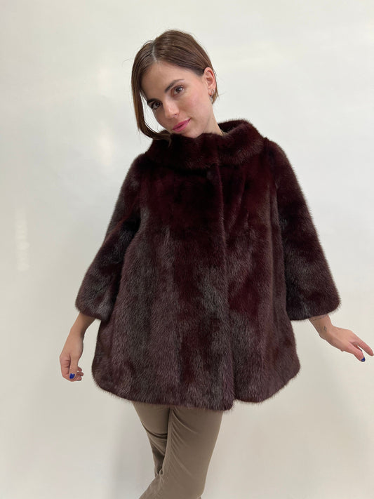Burgundy Mink Fur Jacket: Saga Quality, Edgy Stand Up Collar