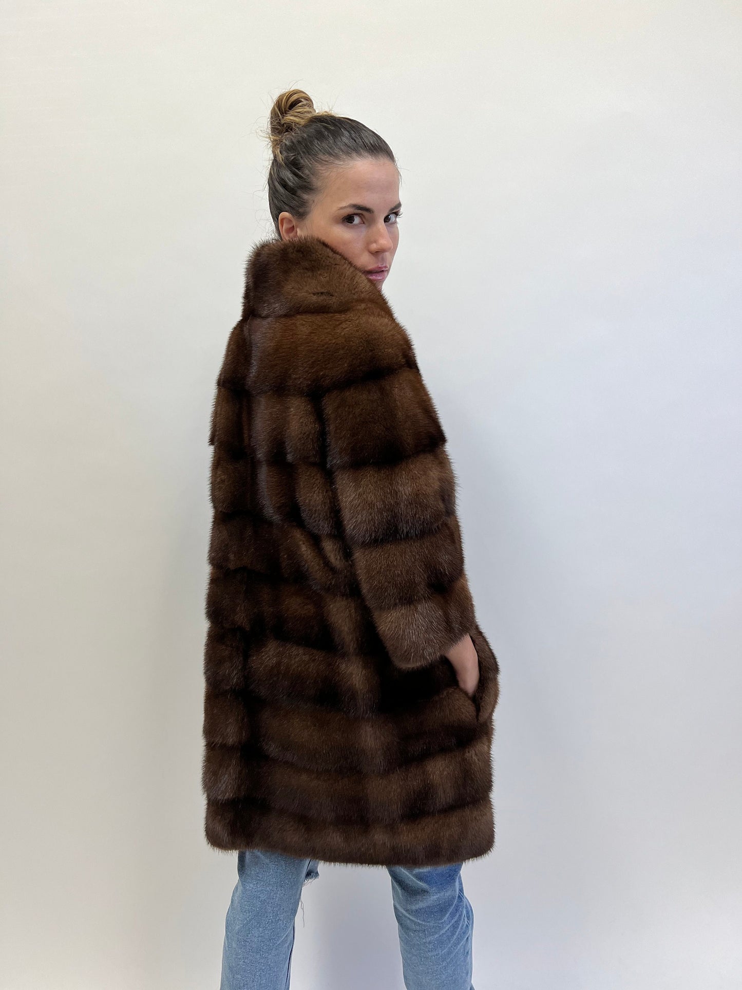 Brown Mink Fur Coat: Horizontal Design, Luxury Jacket