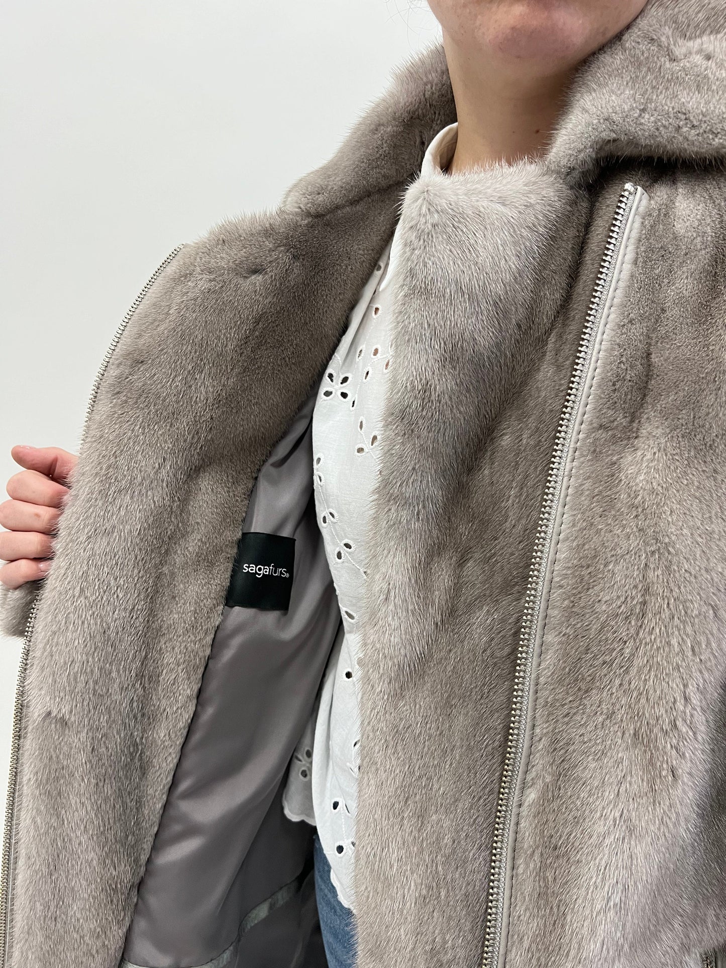 Silver Mink Fur Biker Jacket: Saga Mink, Handmade in Greece