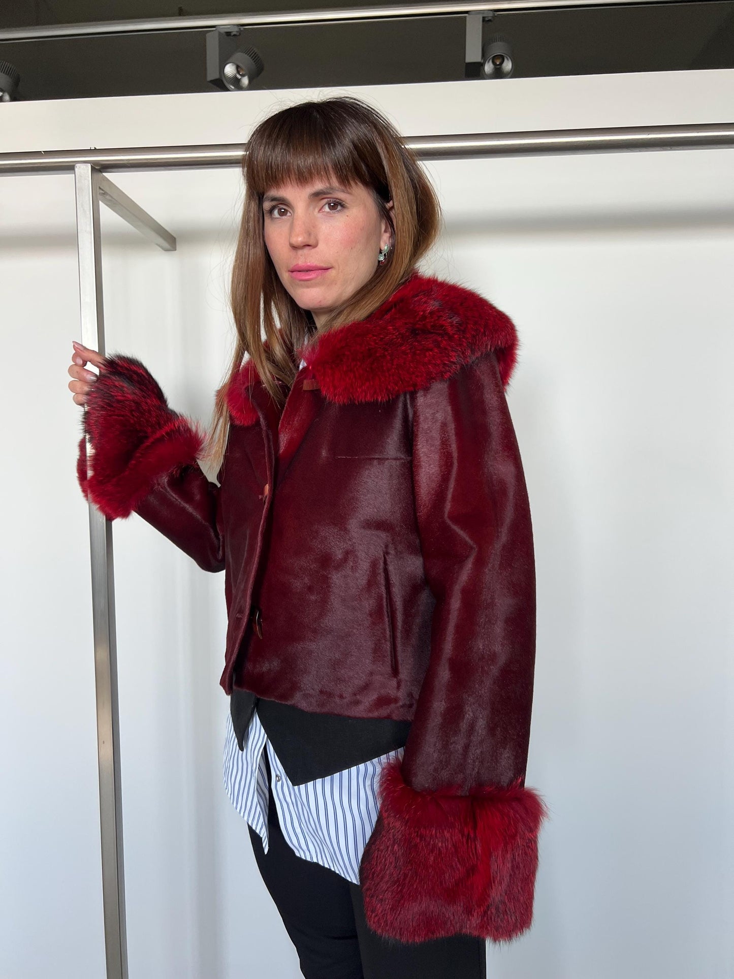 Genuine Cherry Leather Jacket: Hair-On Hide, Fox Fur Trim