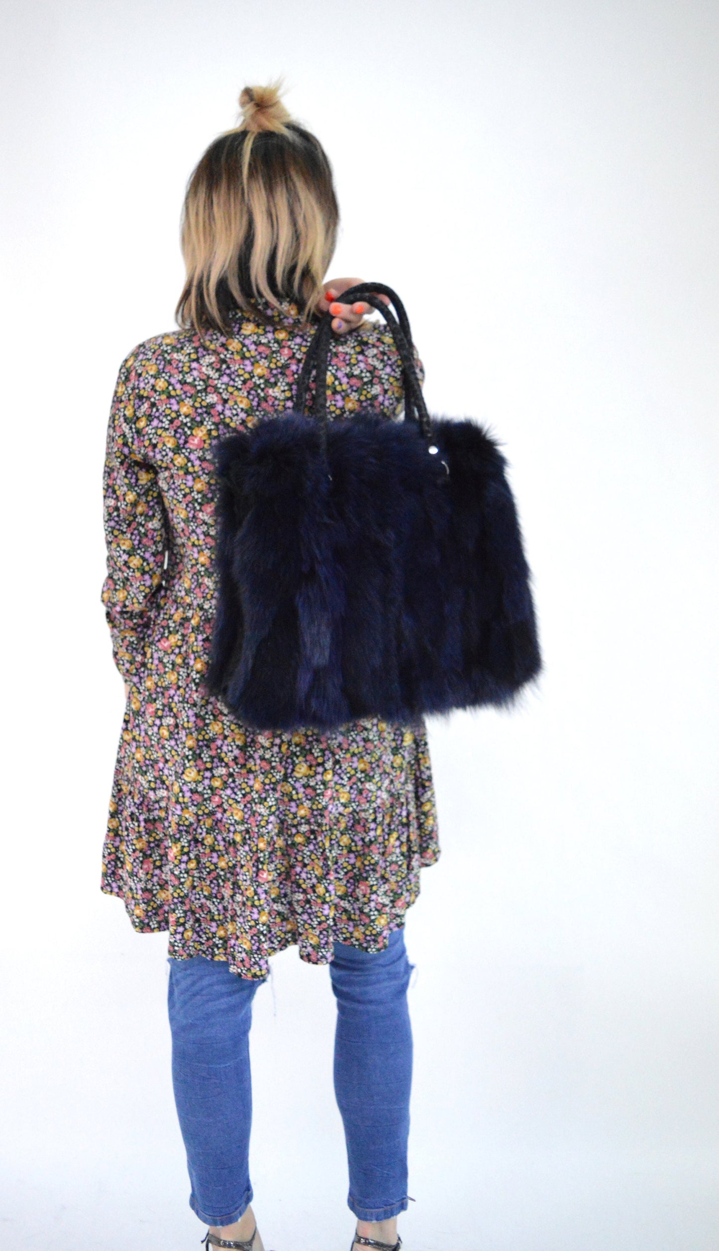 Navy Fox Fur Tote Bag: Handmade Leather Shoulder Bag