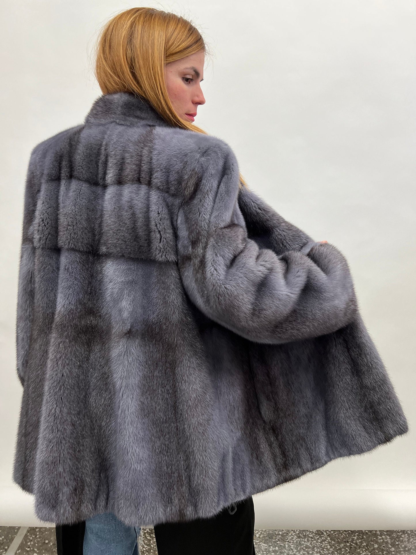 Grey Saga Mink Fur Jacket: Real Silver Cross Pelt, Handmade in Greece