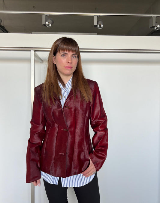 Genuine Cherry Leather Jacket: Hair-On Hide Calf Cavallino Coat