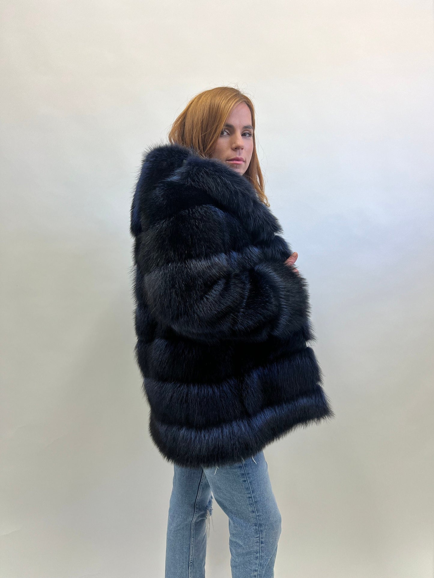 Genuine Blue Raccoon Fur Hooded Jacket: Leather Trim, Size Small