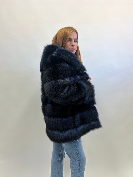 Genuine Blue Raccoon Fur Hooded Jacket: Leather Trim, Size Small