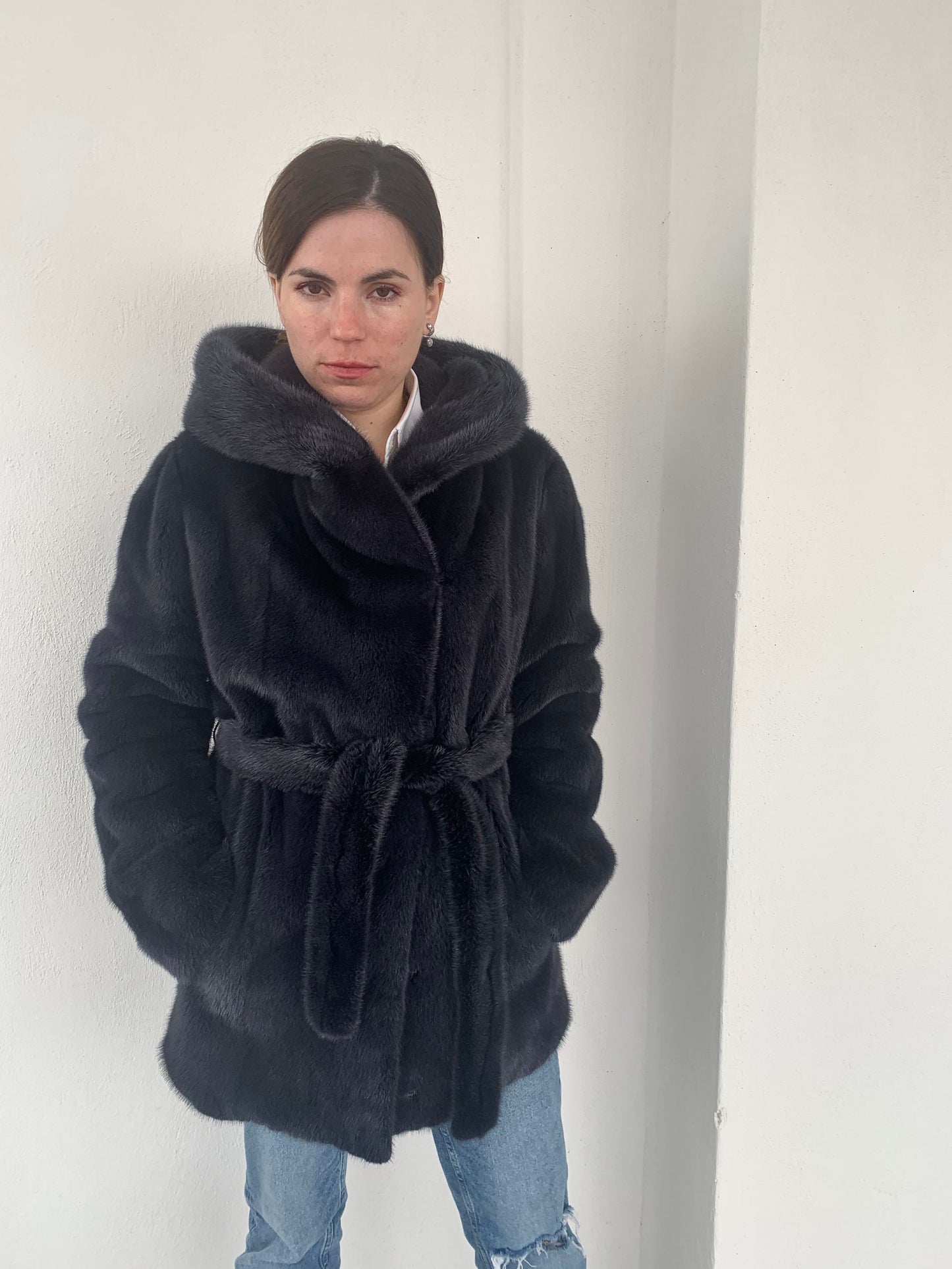 Denim Blue Mink Fur Stroller Coat: Hooded Belted Luxury