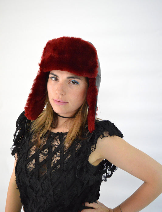 Shearling Fur Trapper Hat: Cream & Bordeaux Sheepskin Aviator Style