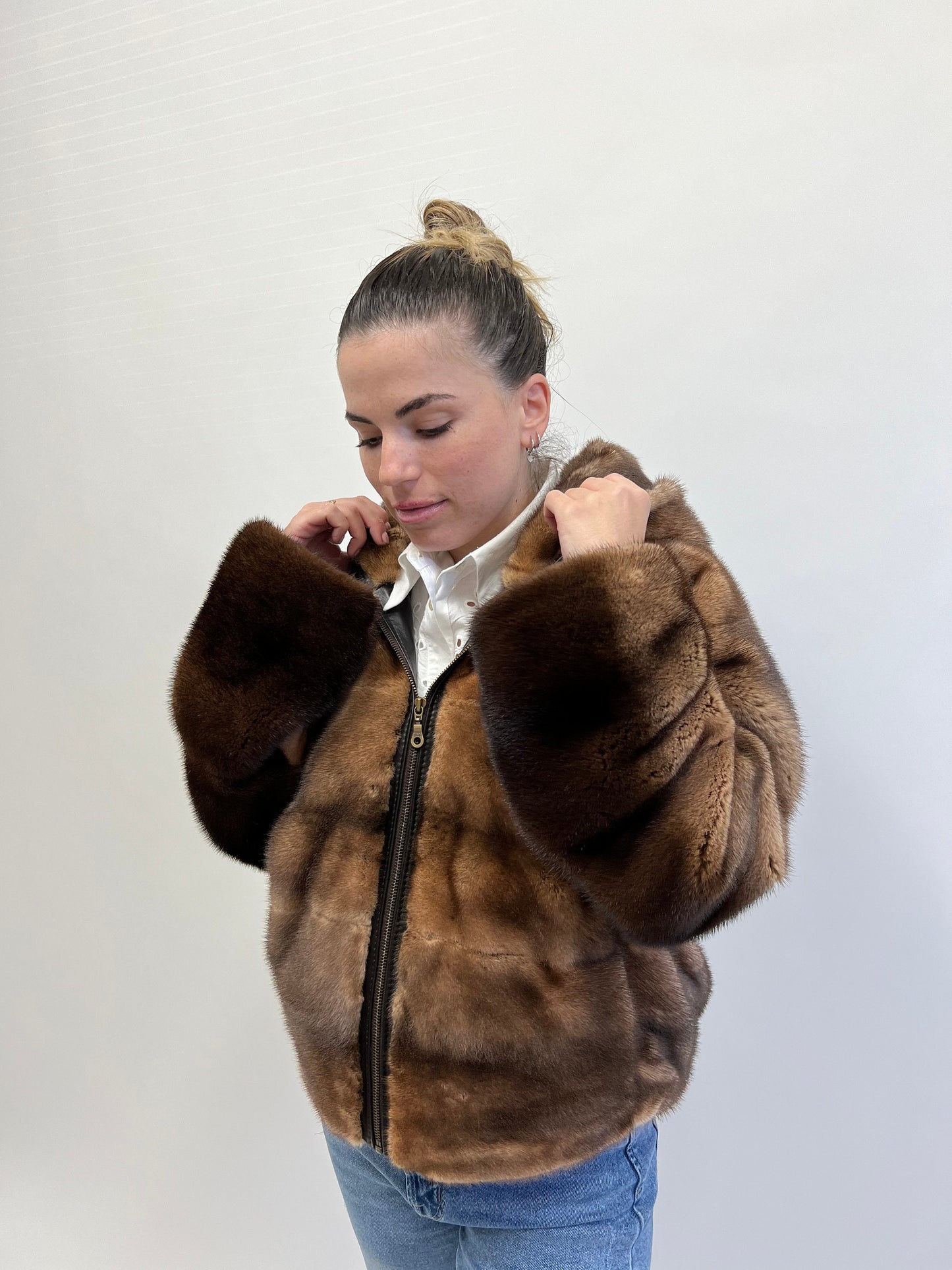 Saga Furs Mink Jacket: Tan Brown Degrade Fur, Hooded