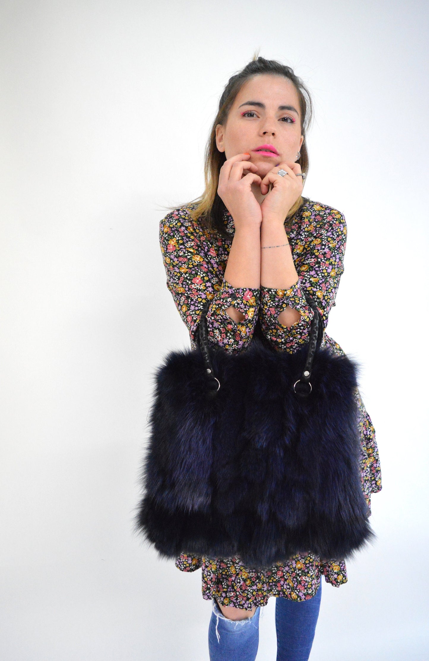 Navy Fox Fur Tote Bag: Handmade Leather Shoulder Bag