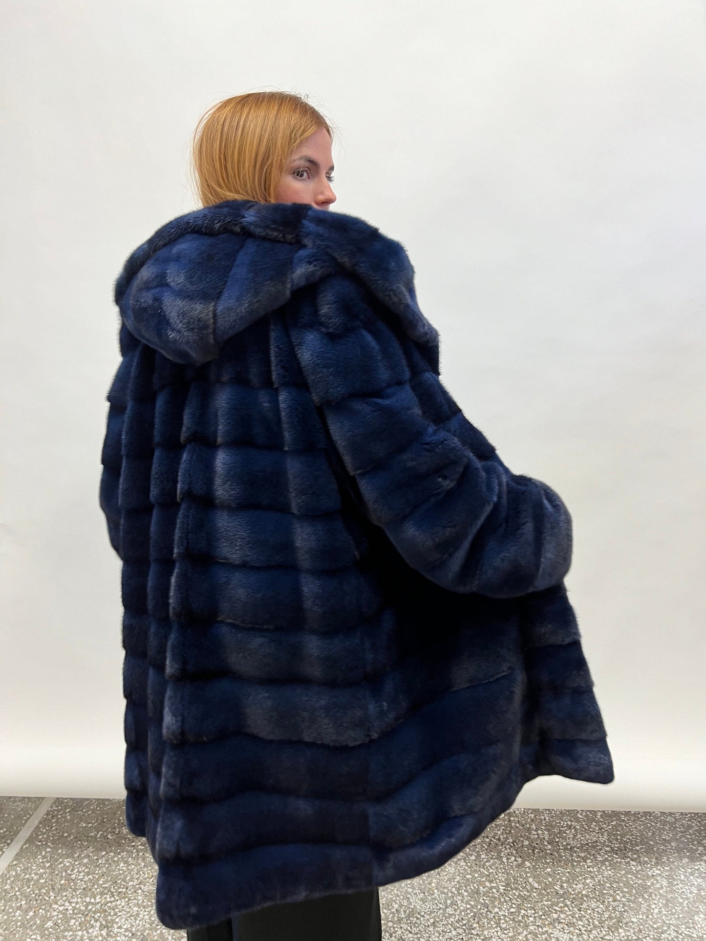 Handmade Navy Blue Mink Fur Hooded Coat, 2XL