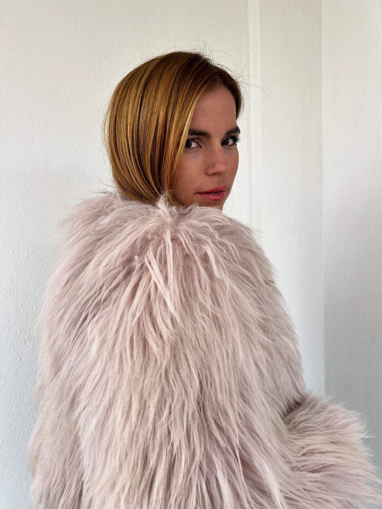 Handmade Mongolian Fur Jacket: Collarless Dusty Rose Sheepskin