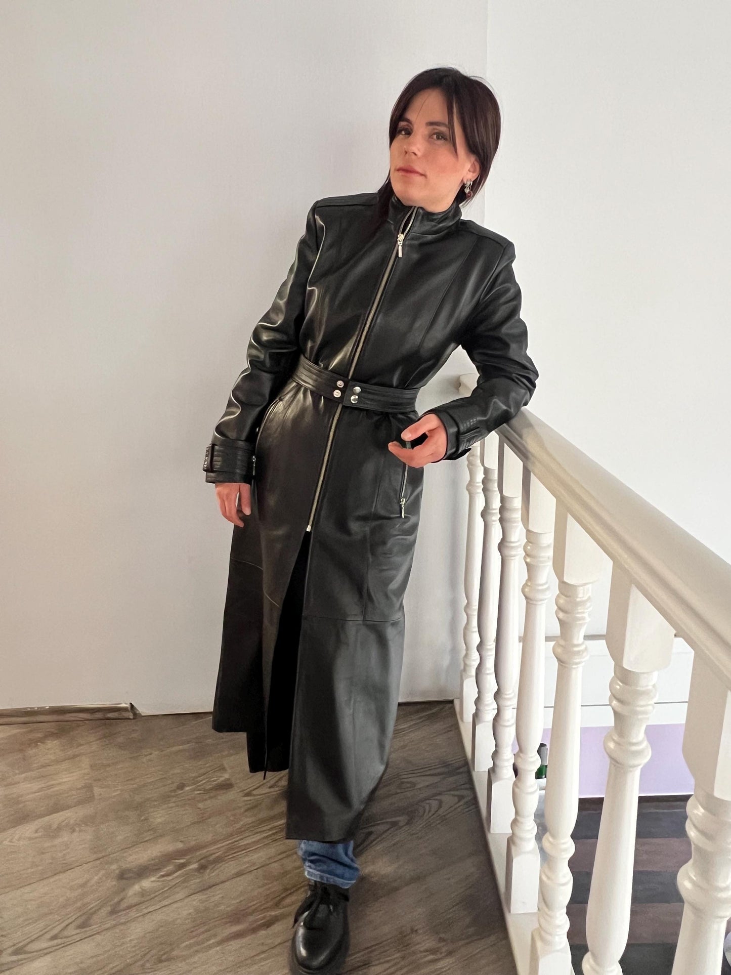 Handcrafted buttery Nappa Leather Coat with zippers and belt: Full Length Black Overcoat.