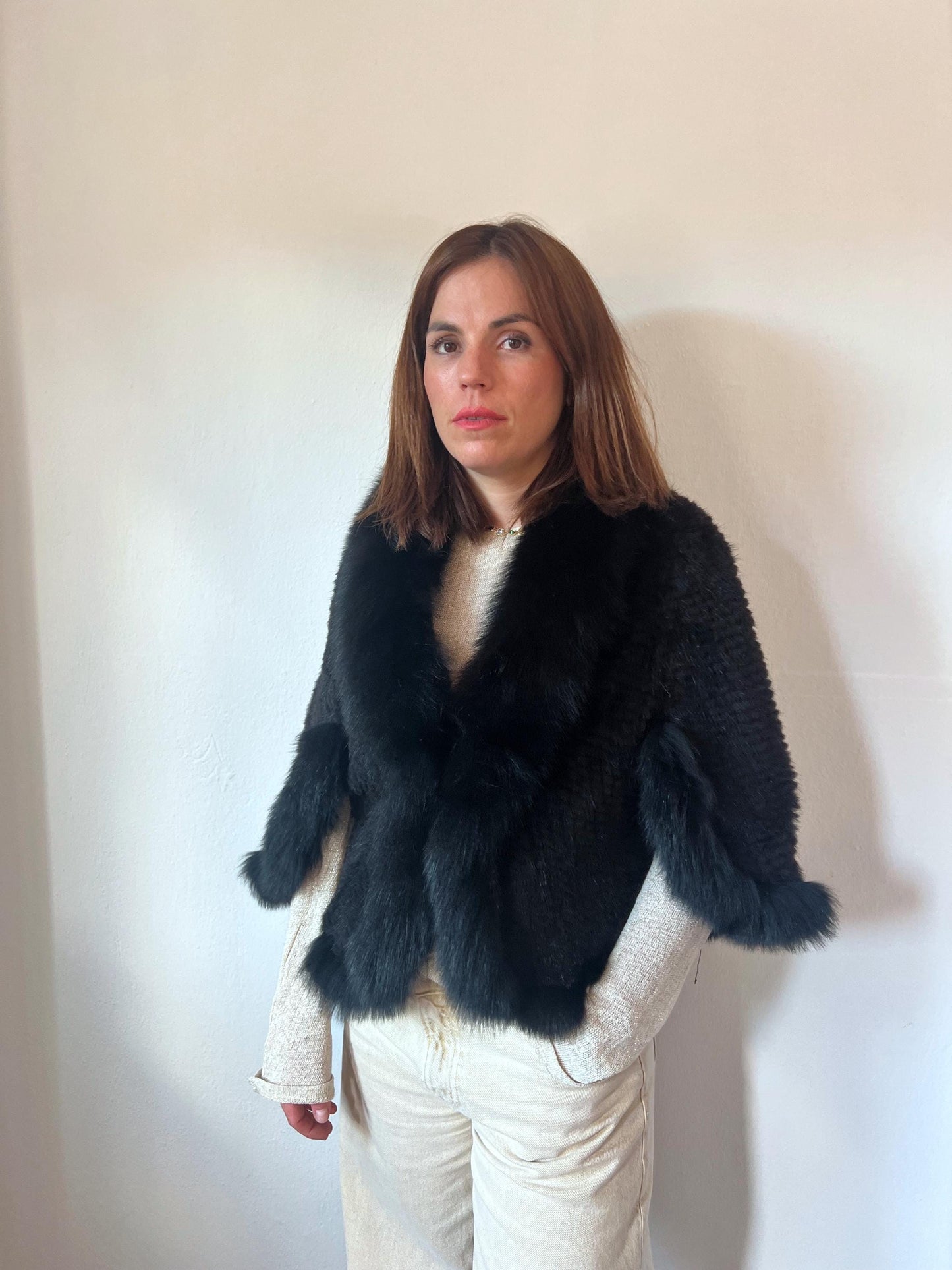Handwoven Black Mink Fur Cape with Fox Trim - Made in Greece