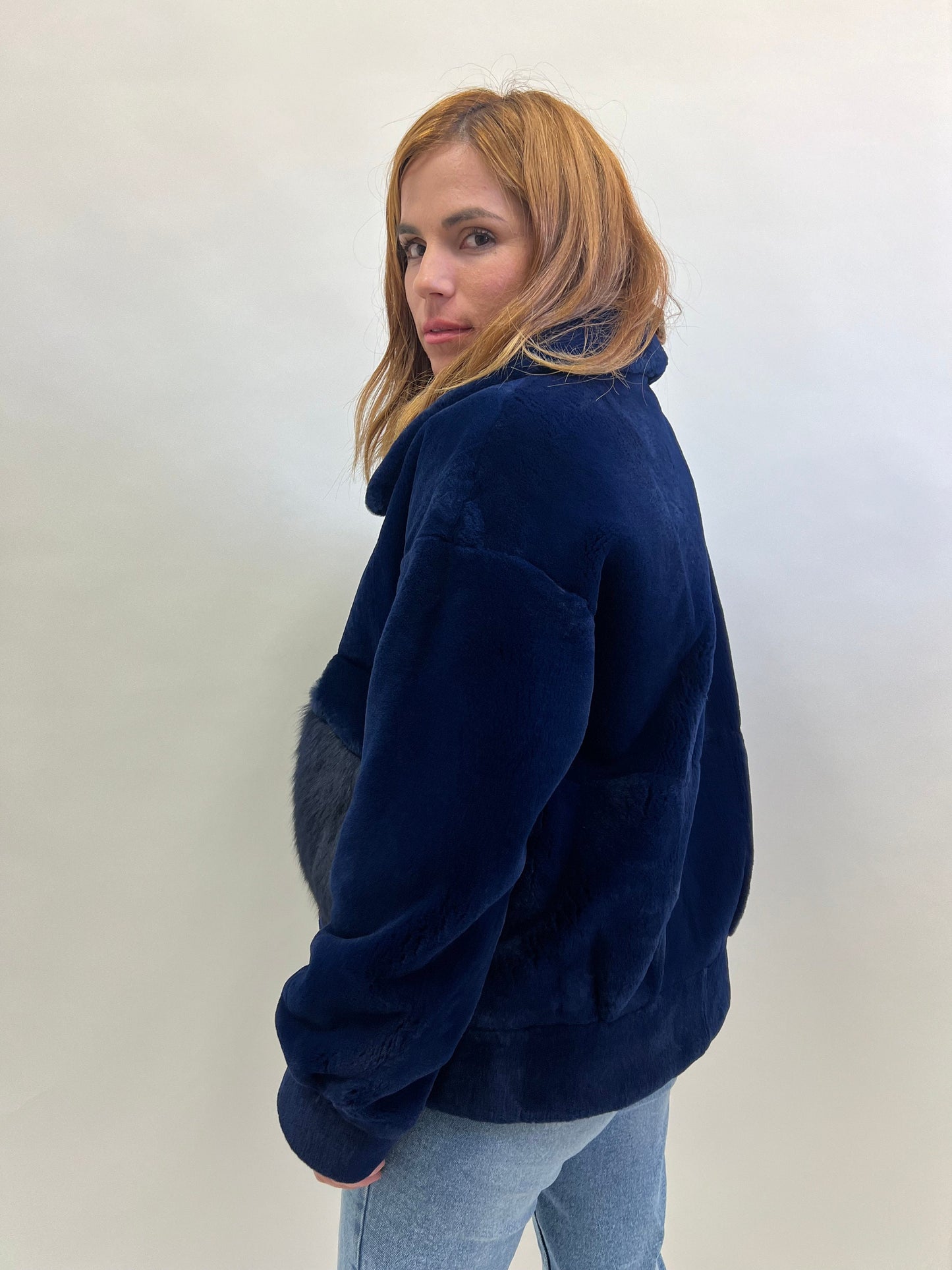 Sheared Rabbit Fur Bomber Jacket with Fox Details