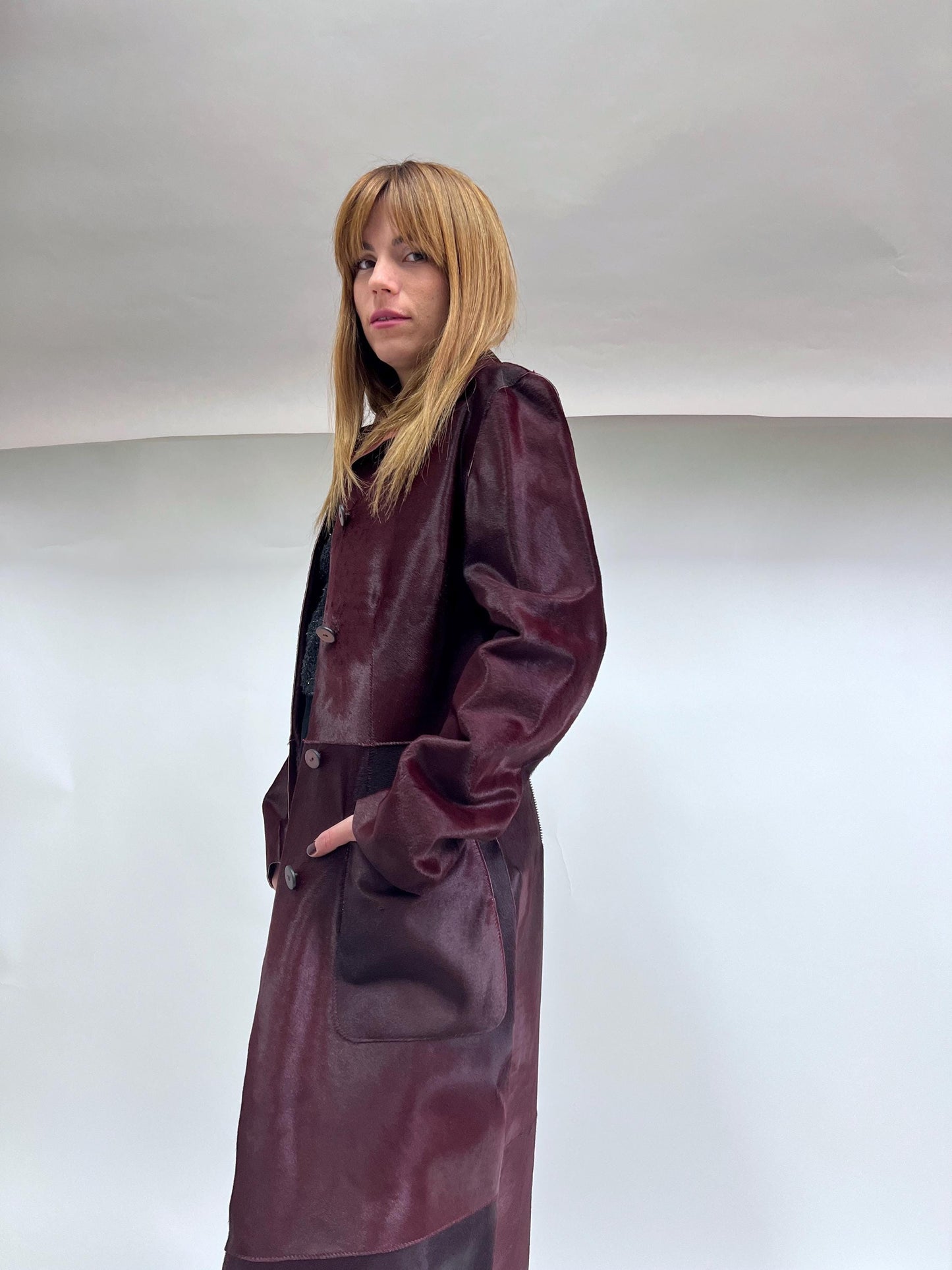 Burgundy Hair-On Leather Coat: Handmade Cavallino Calf Jacket
