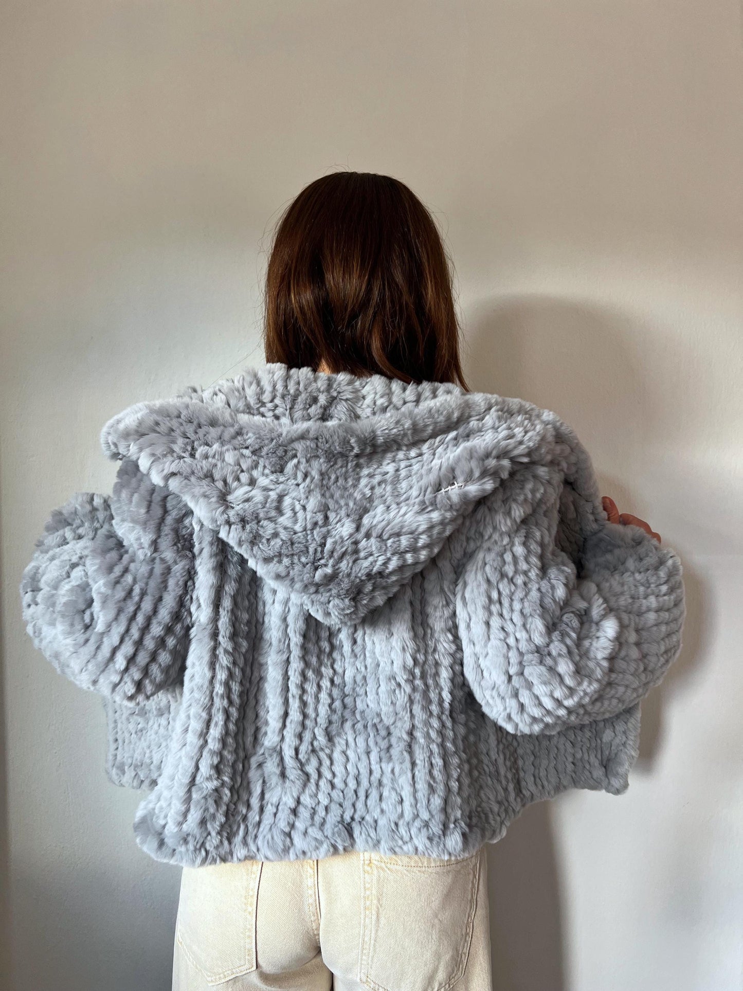 Light Grey Rabbit Fur Hooded Jacket: Handwoven, Frog Closure
