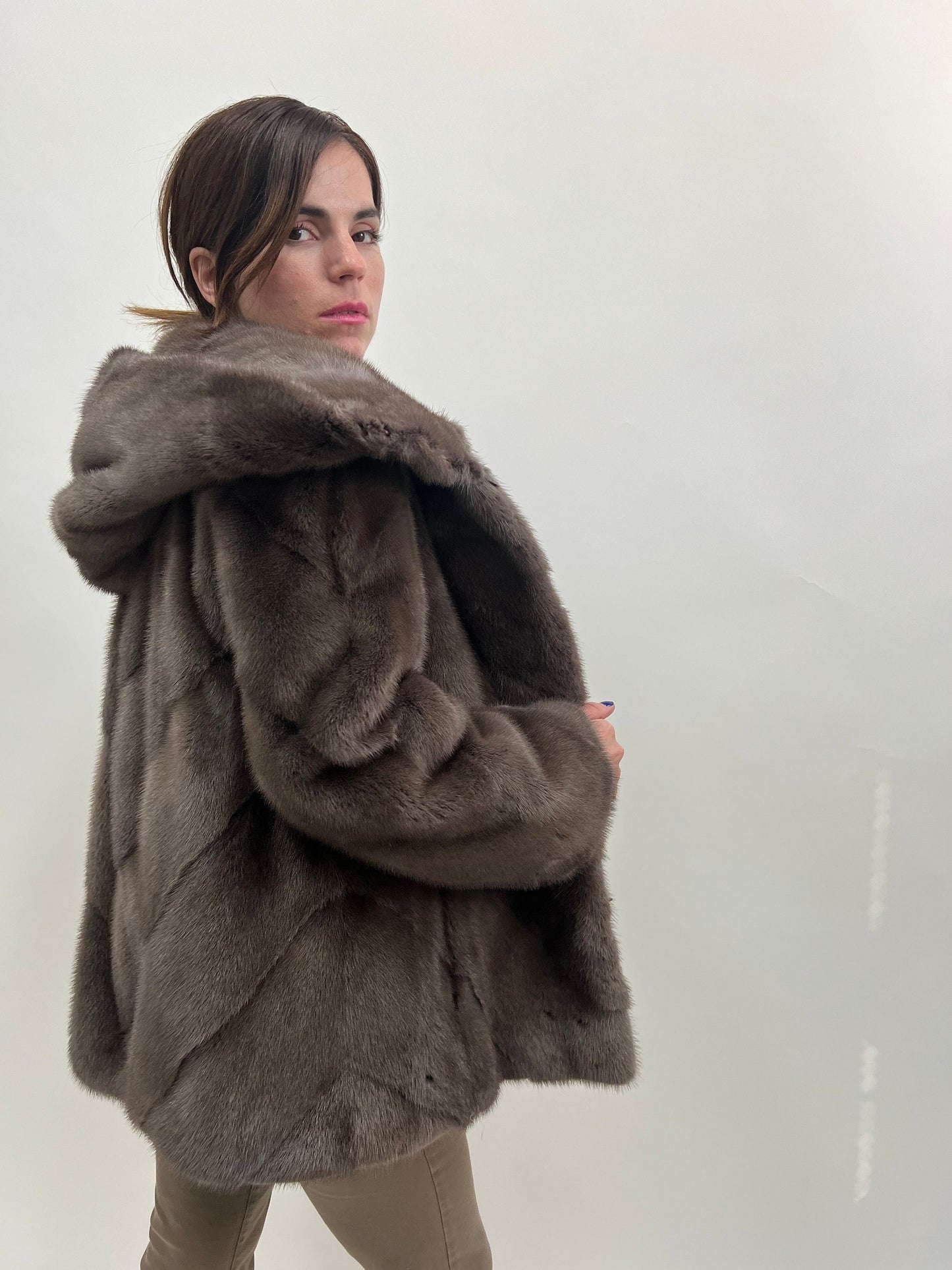 Saga Mink Fur Hooded Jacket, Warm Grey Diagonal Coat