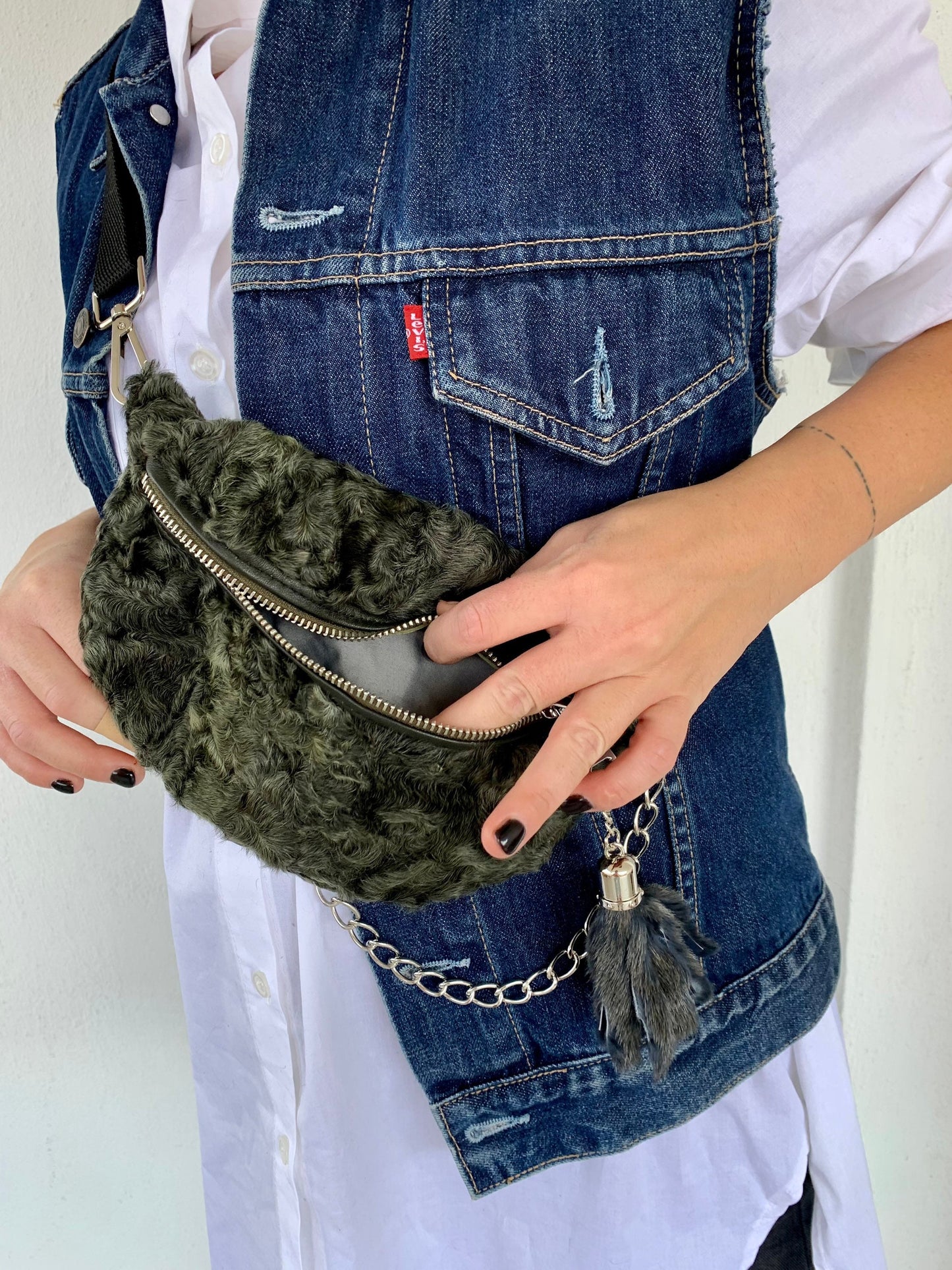 Olive Lamb Fur Bumbag with Chain Tassel: Luxury Fanny Pack