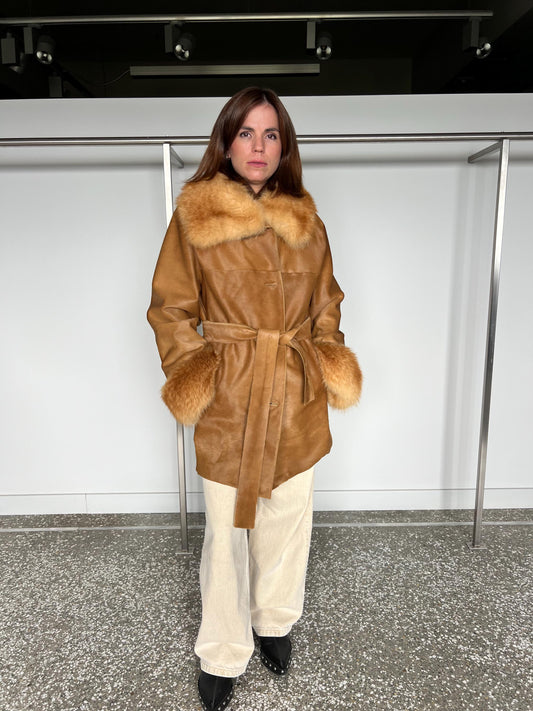 Handmade Gold Cavallino Leather Coat with Fox Fur Collar and Cuffs