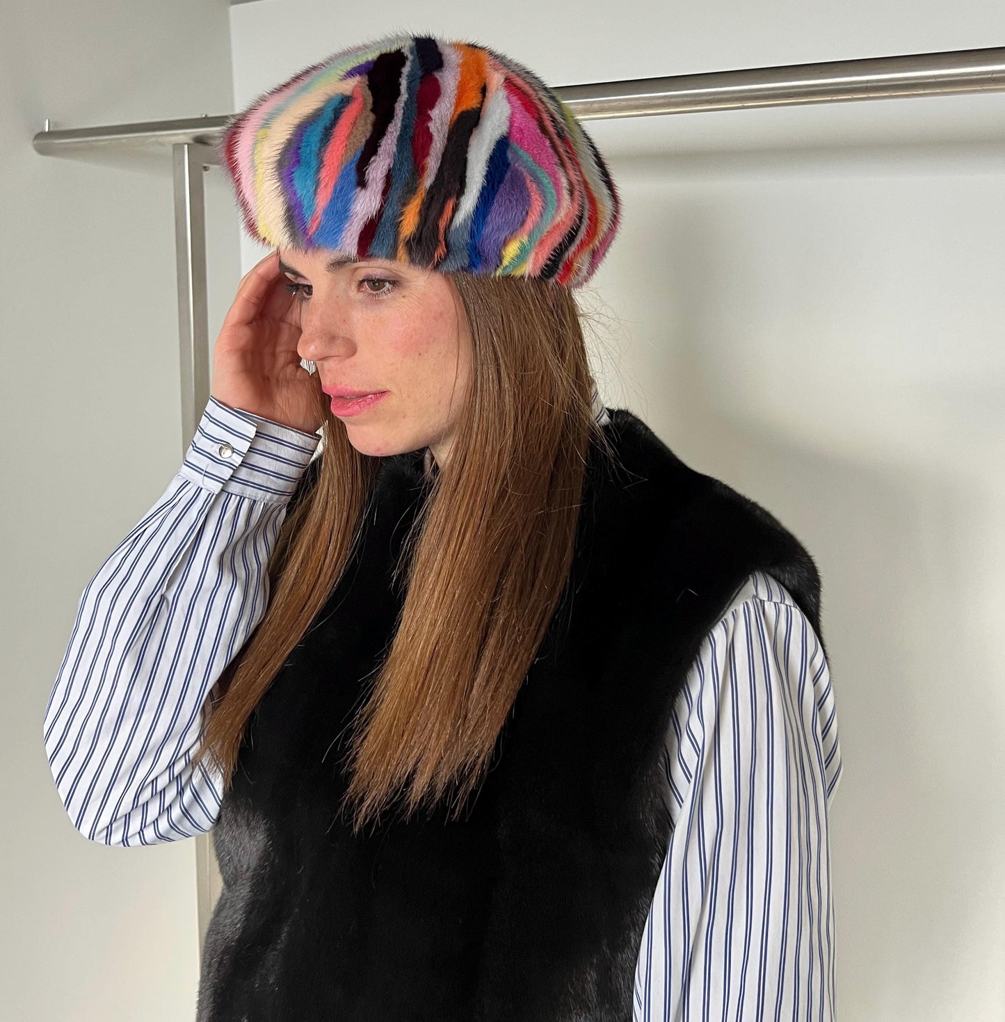 Handmade Multicolored Mink Fur Beret: Stylish Winter Hat