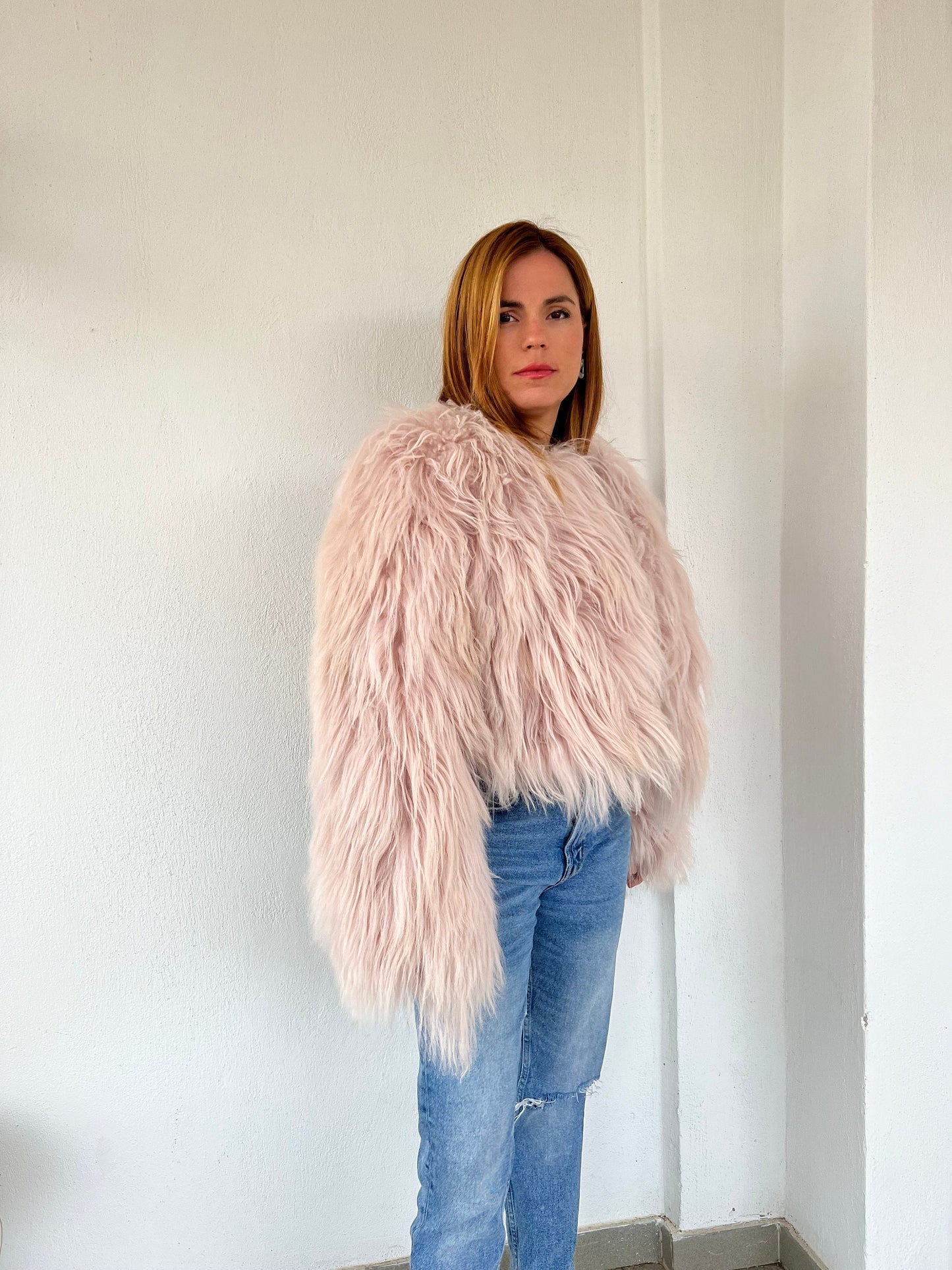 Handmade Mongolian Fur Jacket: Collarless Winter Coat, Dusty Rose